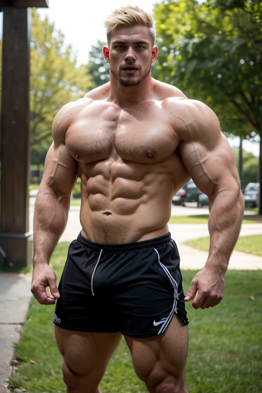 A muscular young male college student with bleached blonde hair standing in the middle of a park staring blankly with open mouth and slumped shoulders as his muscles grow bigger and he begins to tear out his tight shirt, becoming just another dumb bodybuilder jock bro in the community as he says, "Welcome to Muscleville, bro." Hyper muscles. Big biceps. Big triceps. Big traps. Broad shoulders. Massive pecs. Strong abs. Broken Tank top strap. Bulging crotch. Hyper bulge. Bro. Brain to brawn. Brute. Assimilation. Hypnosis. Brainwashing.  Dumber and dumber. IQ drain.