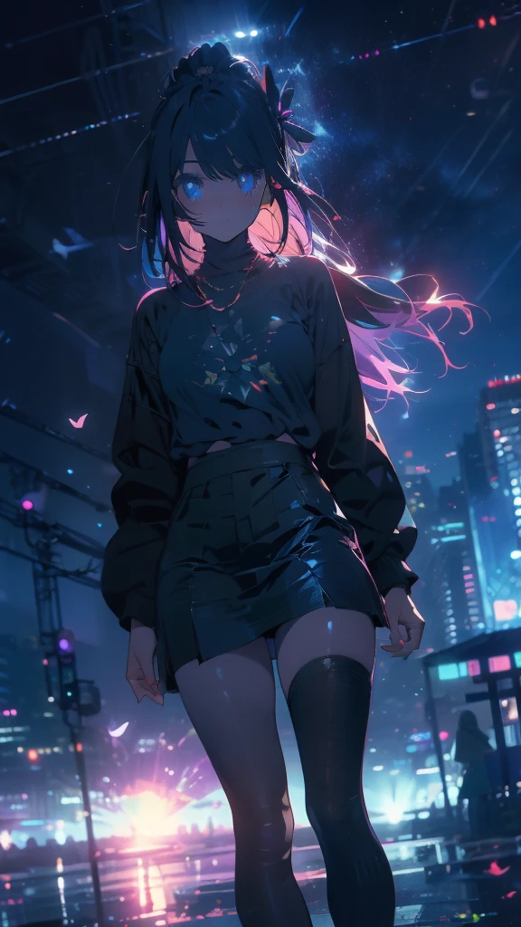 1 anime girl, alone,A mysteriously shining butterfly.city,thin legs,sky,sad expression,very clear,highest quality,city,standing on the street corner,close up of face,water,walking,Bright daytime crowds