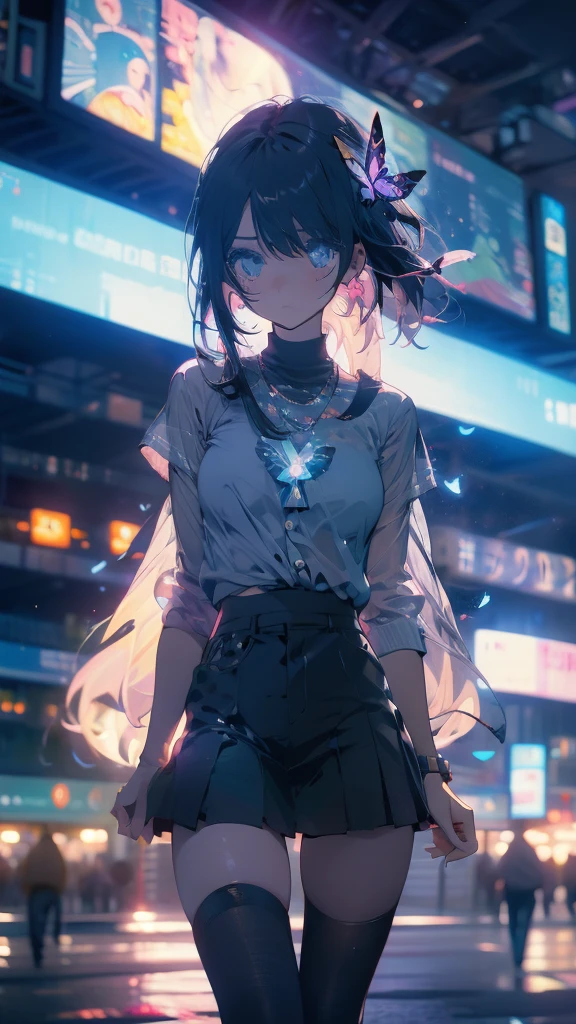 1 anime girl, alone,A mysteriously shining butterfly.city,thin legs,sky,sad expression,very clear,highest quality,city,standing on the street corner,close up of face,water,walking,Bright daytime crowds