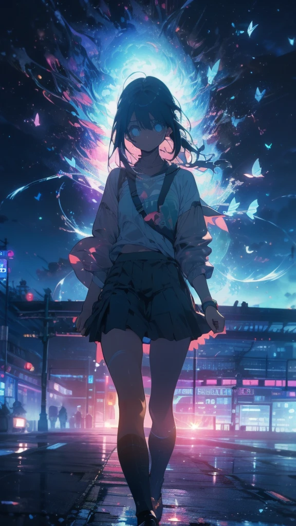 1 anime girl, alone,A mysteriously shining butterfly.city,thin legs,sky,sad expression,very clear,highest quality,city,standing on the street corner,close up of face,water,walking,Bright daytime crowds