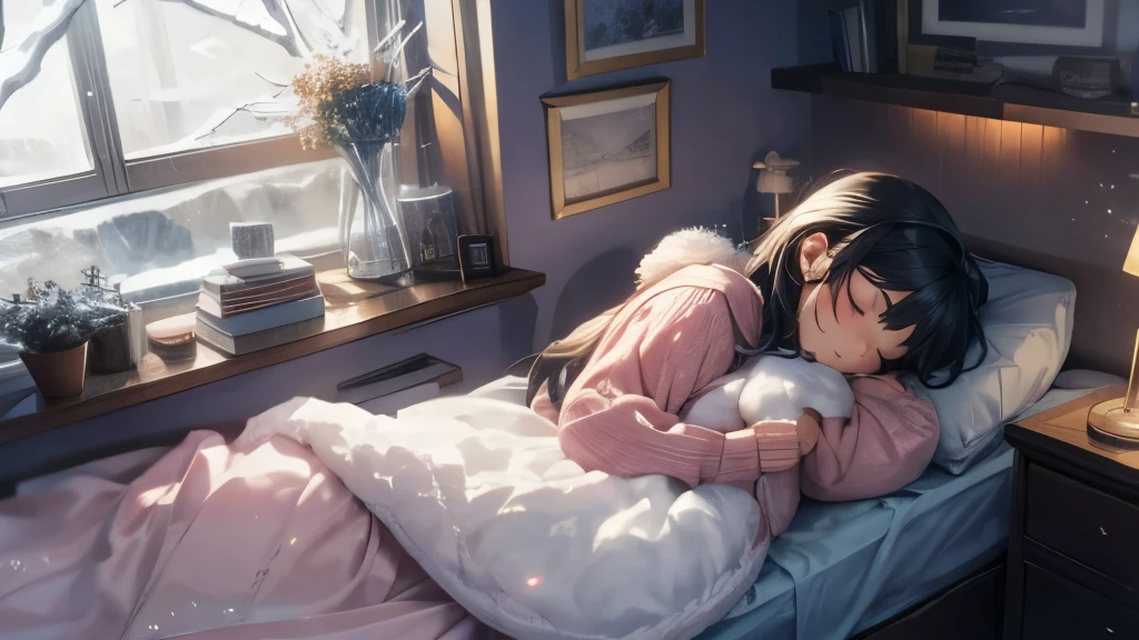 Heartwarming, photorealistic figure of a young, anime-styled woman sleeping peacefully on her cozy bed, Cuddling with my lovely girlfriend, Fluffy cat. The room is softly decorated, Warm lighting and fairy lights, Creates a calm and comfortable atmosphere. The frosty winter scenery can be seen from the window., Outside, the snow is falling quietly. The overall atmosphere of the scene is comfortable., bid, And soothing., anime, figure