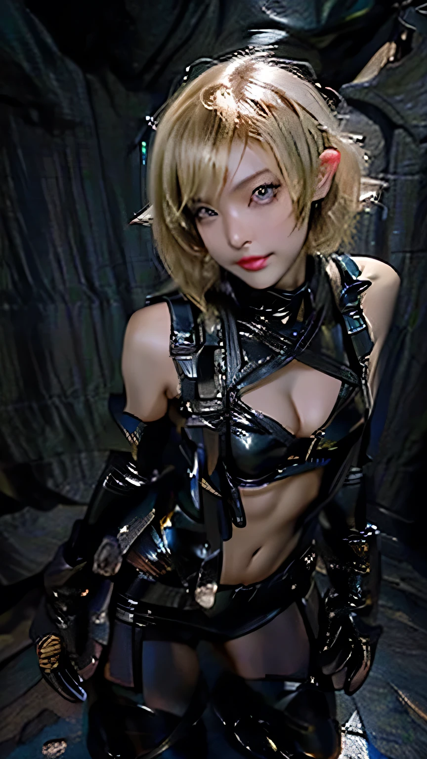 sexy, ((Blonde short hair)), black eye, Excellent, (Black latex bikini set), Black boots, Black gloves, 黒いHigh heel boots、 (Short blonde hair), Black latex bikini set, (Black long boots), (Black Leather Gloves), High heel boots、((Portraiture))、 Black latex bikini set, (Black Micro Bikini Panties), ((Stand and pose))、((Upper body portrait)), 、masterpiece, 最high quality, high quality, High resolution、((In a dark cave))、Black Theme, Black Micro Bikini Panties,