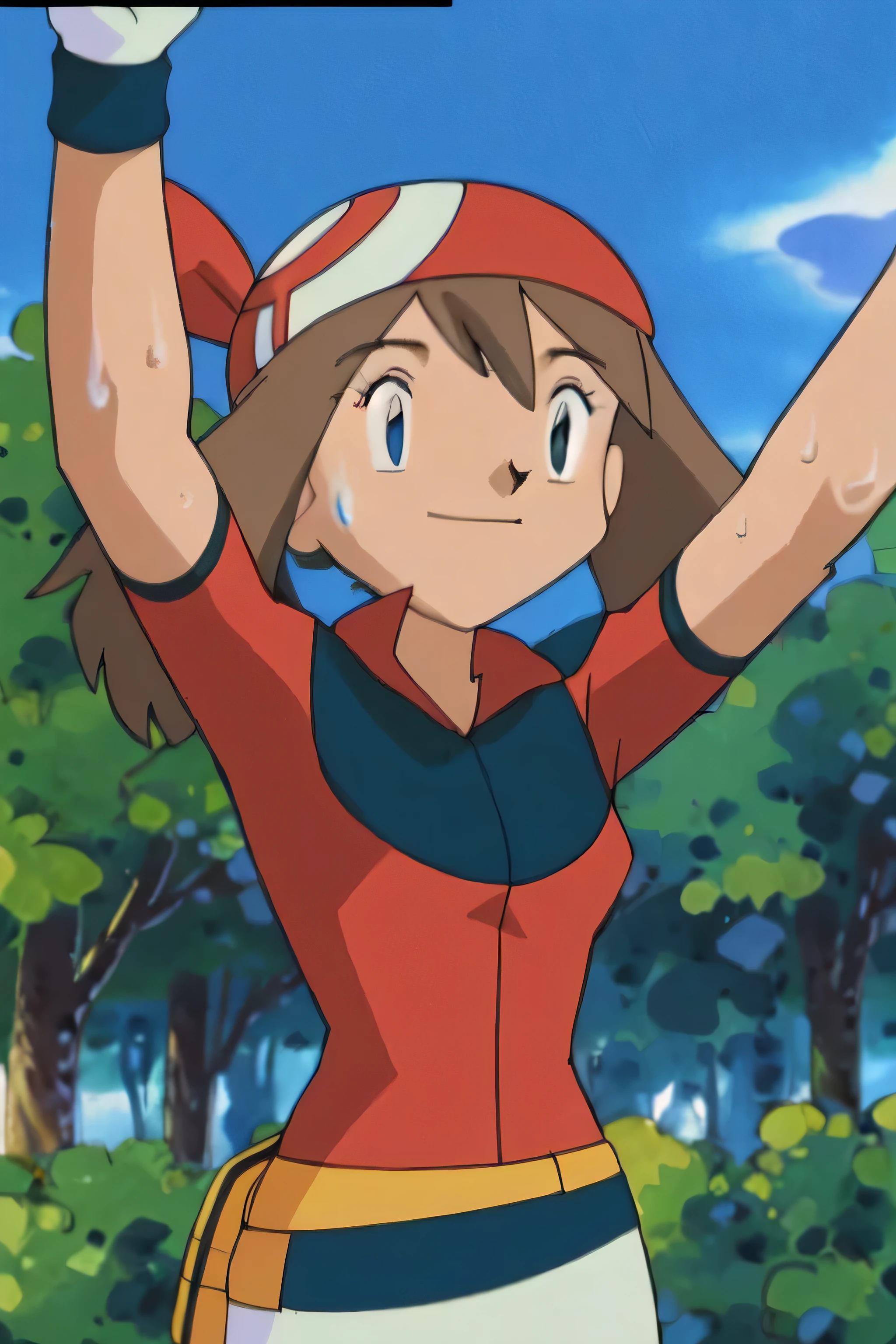 May, sleeveless,red top,sweating,smiling,forest in background, village, blue sky, high quality, masterpiece appearance,armpits,sweat,sweaty,sweaty armpits,arms up,showing armpits,awesome armpits,outfit,blackish red arm warmers,maroon arm bands, maroon arm warmers,both arms raised