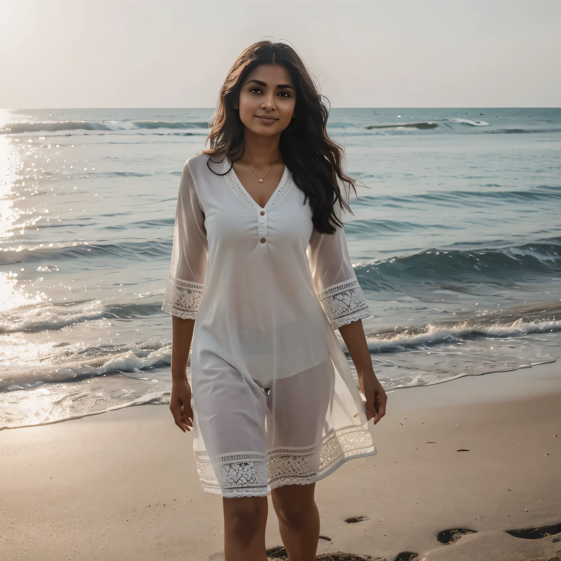 A charming Indian woman of incomparable beauty is captured in a full-body. Her soft dimples and realistic expression lines add authenticity to her look. The sun's rays illuminate her skin, highlighting her beauty. She is wearing Kurta & shorts Beauty, gorgeous. she walking near ocean & kining a water . To capture this extraordinary scene, a high-resolution camera such as the Phase One XF IQ4 150MP is required. The lighting is diffused and natural, minimizing harsh shadows. The camera settings include a medium aperture, adjusted shutter speed, and a high-quality wide-angle lens with a focal length of approximately 35mm to capture the entire scene in an immersive way. Sharp, precise details are captured, from her wavy hair to the complex patterns of her clothing, ensuring a natural and stunning image.
