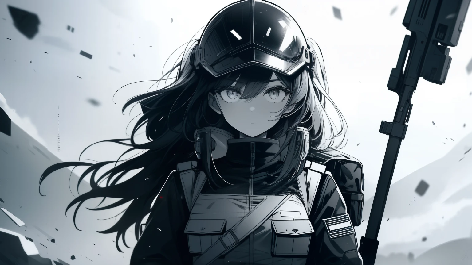 1 soldier girl. She is wearing a military uniform. She is wearing a helmet. She has PTSD. She is holding a rail-gun. Black and white. Monochrome color scheme. long hair. intense look in her eyes. Survival bag on her back. Wave/water symbol on her chest-plate.