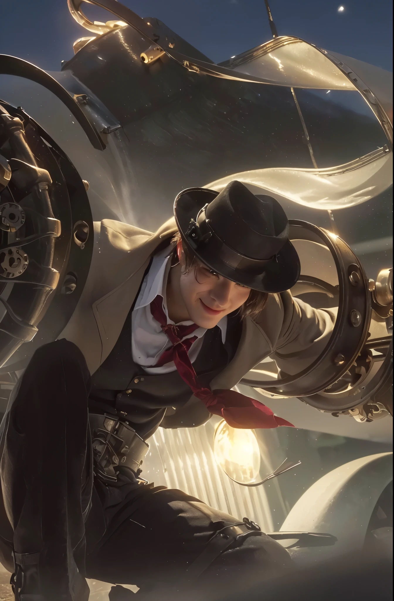 a man with steam engine and hat, portrait, detailed face, detailed eyes, detailed nose, detailed lips, evil-smile,steampunk style, mechanical gears, cogs, steam, industrial, vintage car, antique, sepia toned, dramatic lighting, (best quality,4k,8k,highres,masterpiece:1.2),ultra-detailed,(realistic,photorealistic,photo-realistic:1.37),HDR,UHD,studio lighting,ultra-fine painting,sharp focus,physically-based rendering,extreme detail description,professional,vivid colors,bokeh