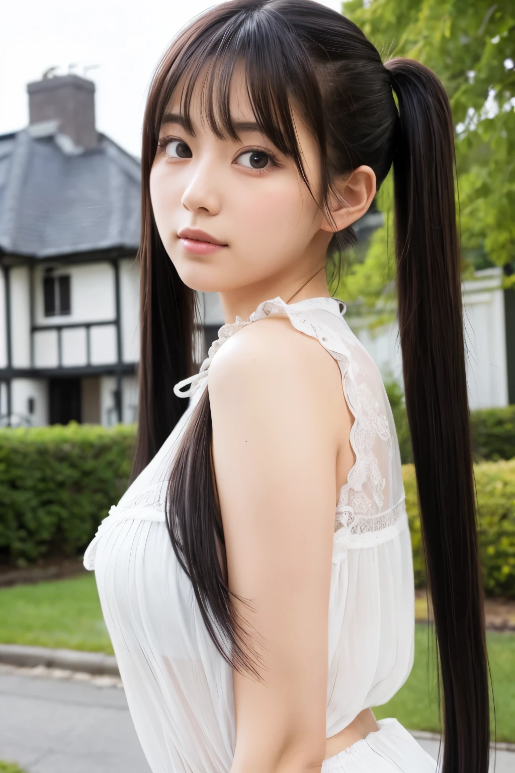 A beautiful woman in her early 20s with twin tails、The background is like a house