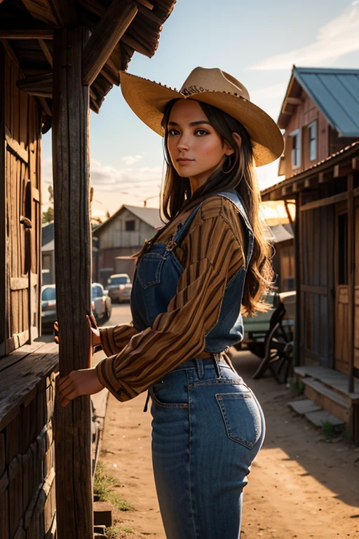 Uma linda mulher em estilo country, (usando camisa social xadrez red and black justa), destacando-se em uma cidade faroeste. Sua pele bronzeada brilha sob o sol poente, olhos verdes radiantes, e cabelos castanhos ondulados caem suavemente sobre seus ombros. She wears a brown cowboy hat, uma camisa xadrez vermelha ajustada, jeans desbotados e botas de couro intricadamente bordadas. She is on a dirt street surrounded by wooden buildings typical of the western. The local saloon has swinging doors and a porch where cowboys chat. The barbershop displays a rotating sign, and the blacksmith shop next door is active with the sound of hammering. Horses tied to wooden posts and a hay cart passing by complete the scene.. The golden light of the sunset lengthens the shadows and bathes the city in a warm glow, capturing the vibrant essence of the old west.