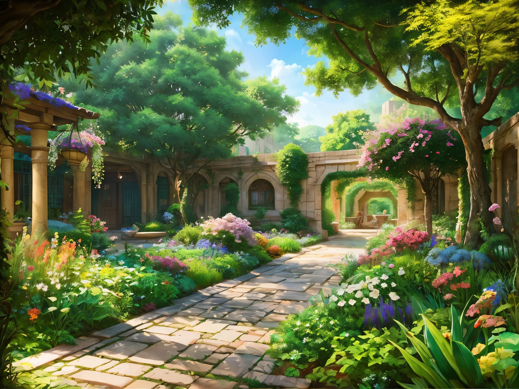 Imagine a secret garden tucked away in an ancient city, filled with rare and exotic plants, colorful flowers, and soft, dappled sunlight filtering through the trees. The anime-style rendering will emphasize the hidden beauty and the lush greenery.
