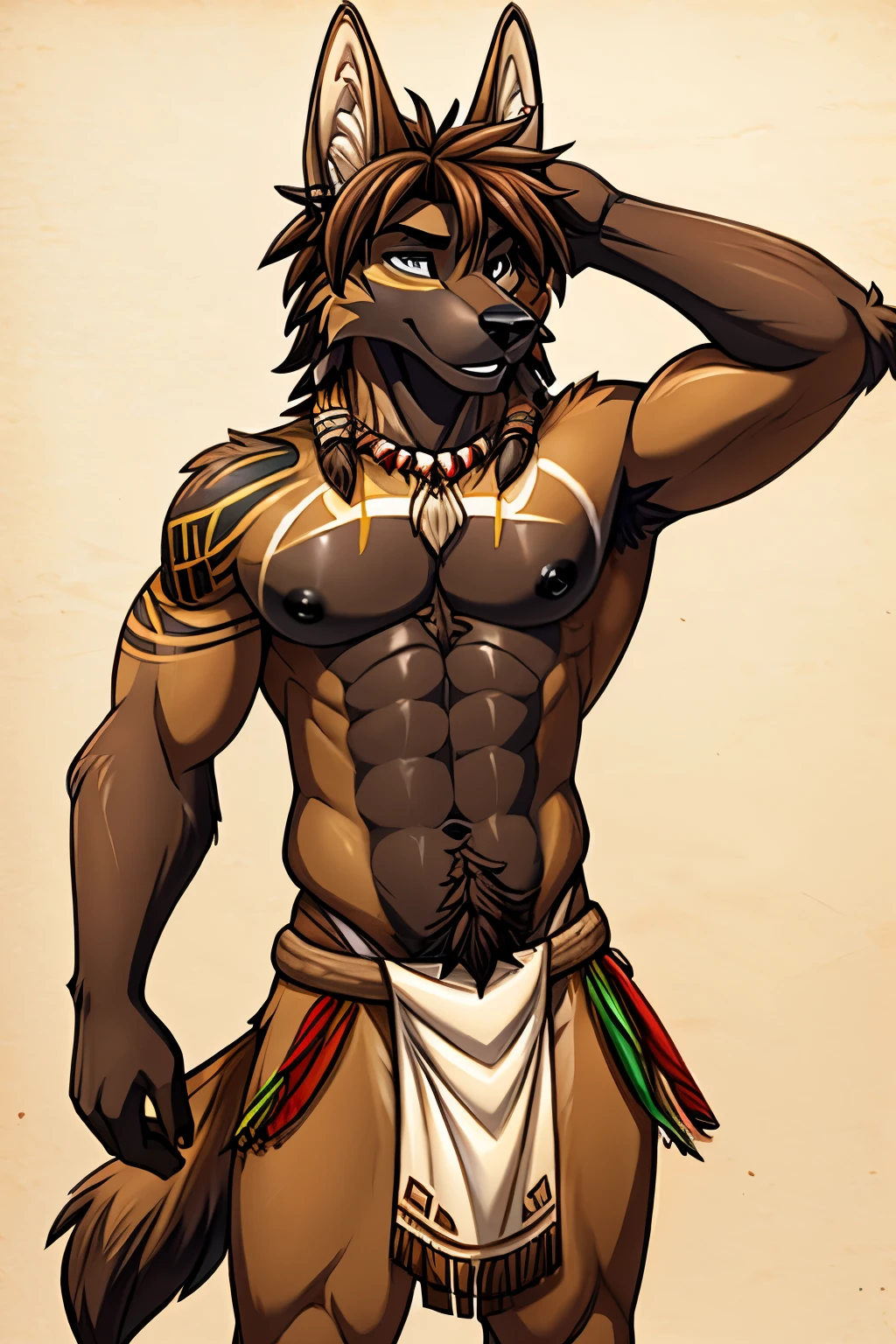 Athletic lean golden jackal, femboy, with black nipples, dark brown body, brown_fur, African, handsome, topless, tattoos, loincloth, tribal, 2d_animation, zulu, messy hair