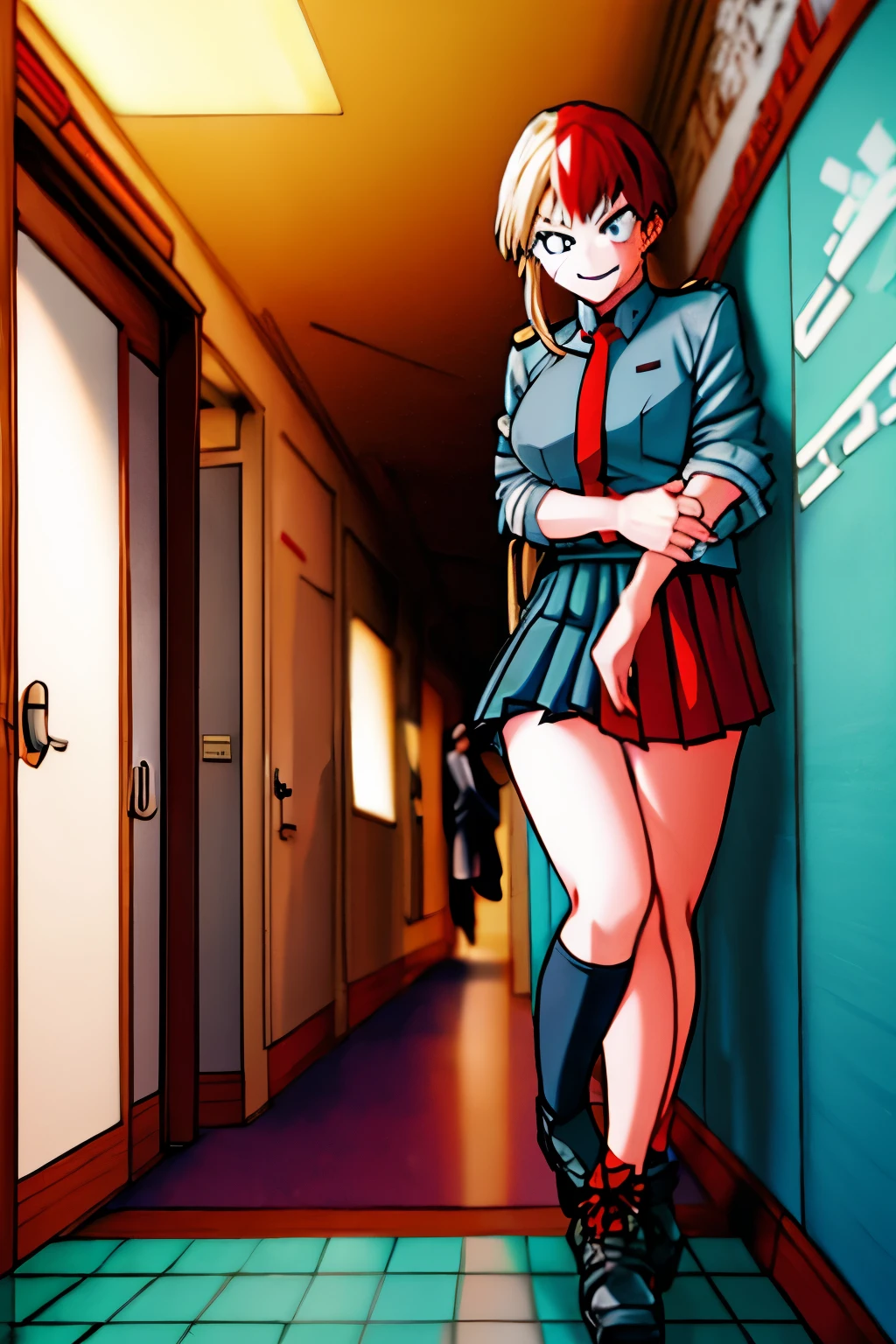 Screenshot anime My Hero academia season 4. A woman with Keigo Takami, blonde hair, and half brunette skin, man cut hair like shoto, brown eyes, wear grey blazer with red tie and green skirt, she’s smiling, from a point of view up, background a hallway