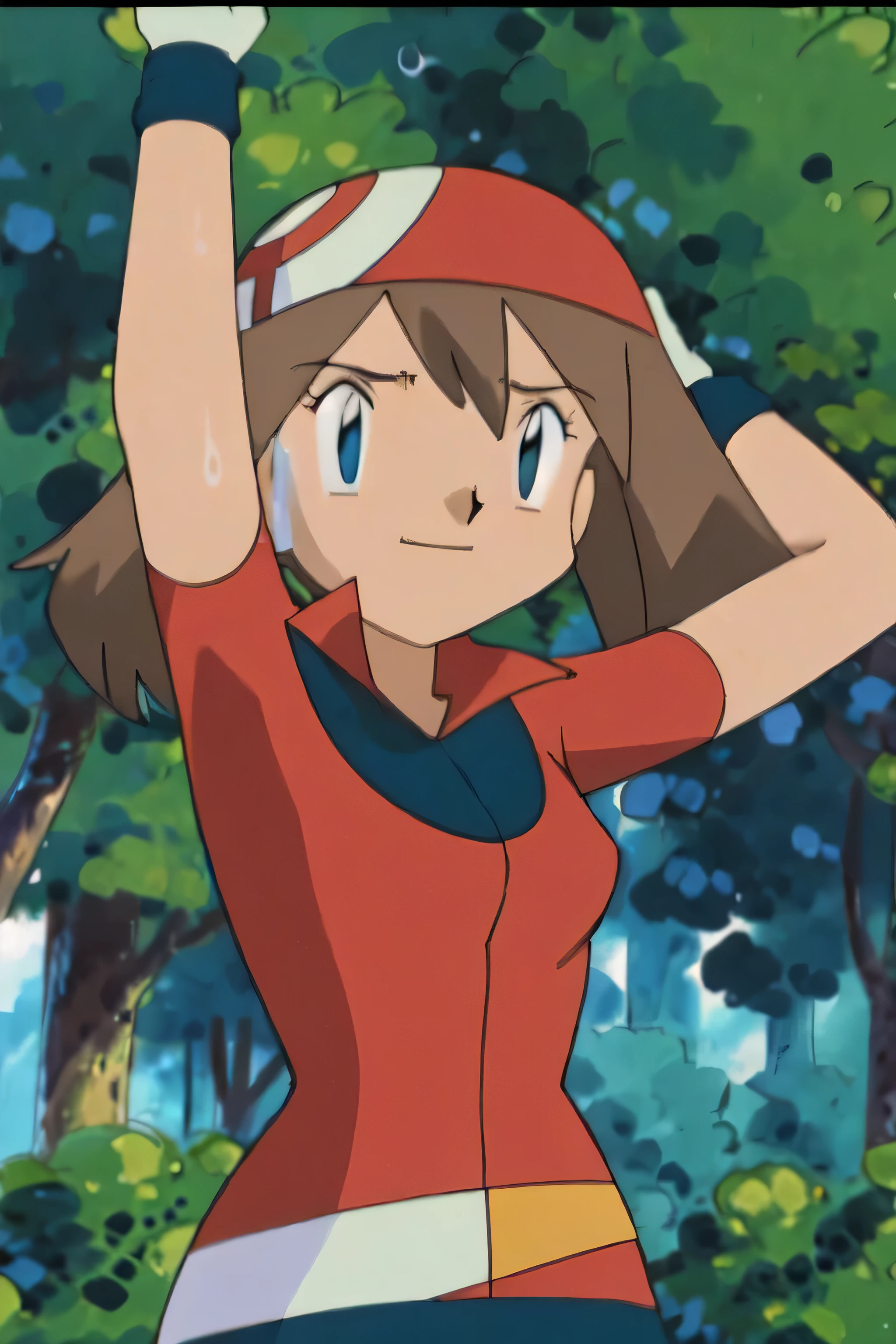 May, sleeveless,red top,sweating,smiling,forest in background, village, blue sky,moderately sized breasts, high quality, masterpiece mature appearance,armpits,sweat,sweaty,sweaty armpits,arms up,showing armpits,awesome armpits,outfit,blackish red arm warmers,maroon arm bands, maroon arm warmers,both arms raised