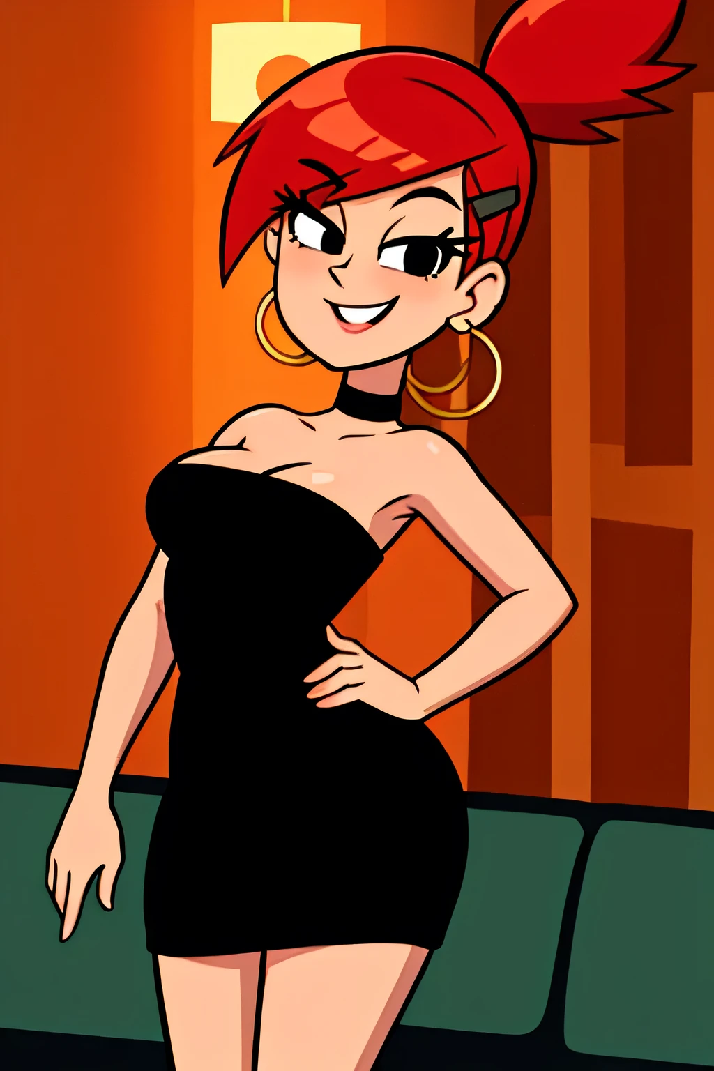 frankie foster, FostersStyle, (black pupils), red hair, strapless, black eyes, black dress, gold hoop earrings, sexy posing, hair clip, standing, medium breasts, ponytail, seductive smile, cowboy shot, indoor room, sofa