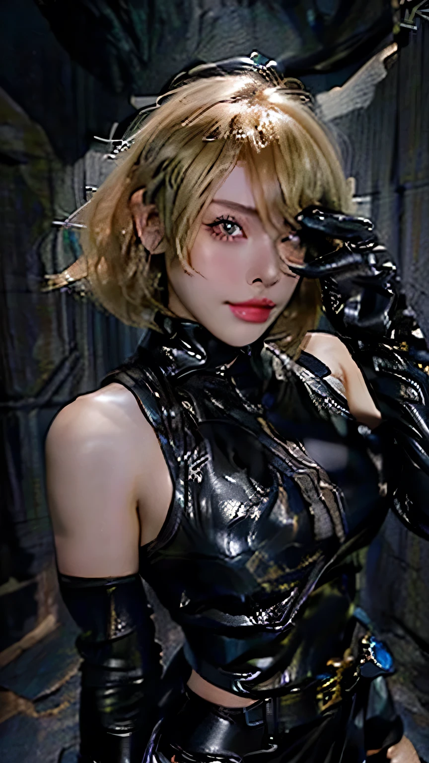 sexy, ((Blonde short hair)), black eye, Excellent, (Black latex bikini set), Black boots, Black gloves, 黒いHigh heel boots、 (Short blonde hair), Black latex bikini set, (Black long boots), (Black Leather Gloves), High heel boots、((Portraiture))、 Black latex bikini set, (Black Micro Bikini Panties), ((Stand and pose))、((Upper body portrait)), 、masterpiece, 最high quality, high quality, High resolution、((In a dark cave))、Black Theme, Black Micro Bikini Panties,