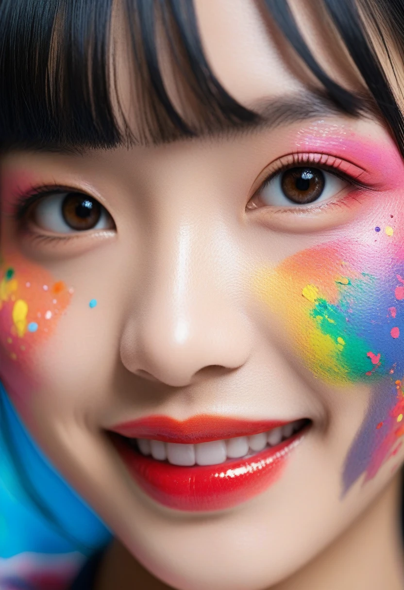 close-up portrait of beautiful young japanese girl, bangs, with colorful paint on her face, detailed skin, textures, smiling, happy, award winning picture, 8k, photography