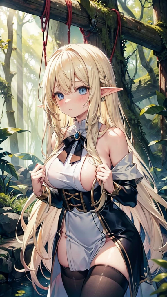 Blonde hair and blue eyes Long Hair Elf Large Breasts towel erotic Beauty cute Scared in the forest black tights get caught Hanged Hands tied slave