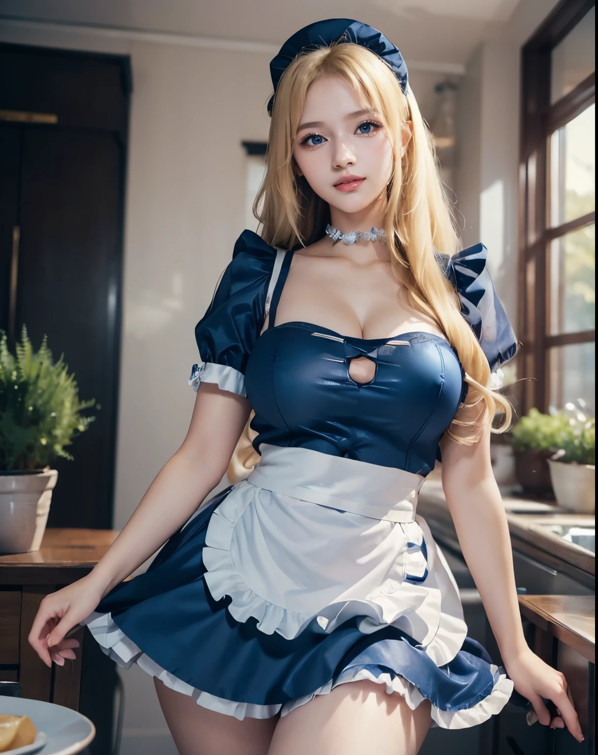 1girl, (Blue Eyes), (smiling :1.2), (Sana Minatozaki), (beautiful makeup :1.2), (wide hips :1.2), Big tits, (big ass), (thin waist: 1.2), (thick and toned thighs :1.1), (Best Quality, 8k, Masterpiece: 1.3), Clear Focus: 1.2, Perfect Body Beauty: 1.4, strong abs, Highly detailed face and skin texture, detailed eyes, double eyelids, (blonde long hair :1.2), close-up, shiny skin, maid, maid attire, standing, dynamic pose, in a living room