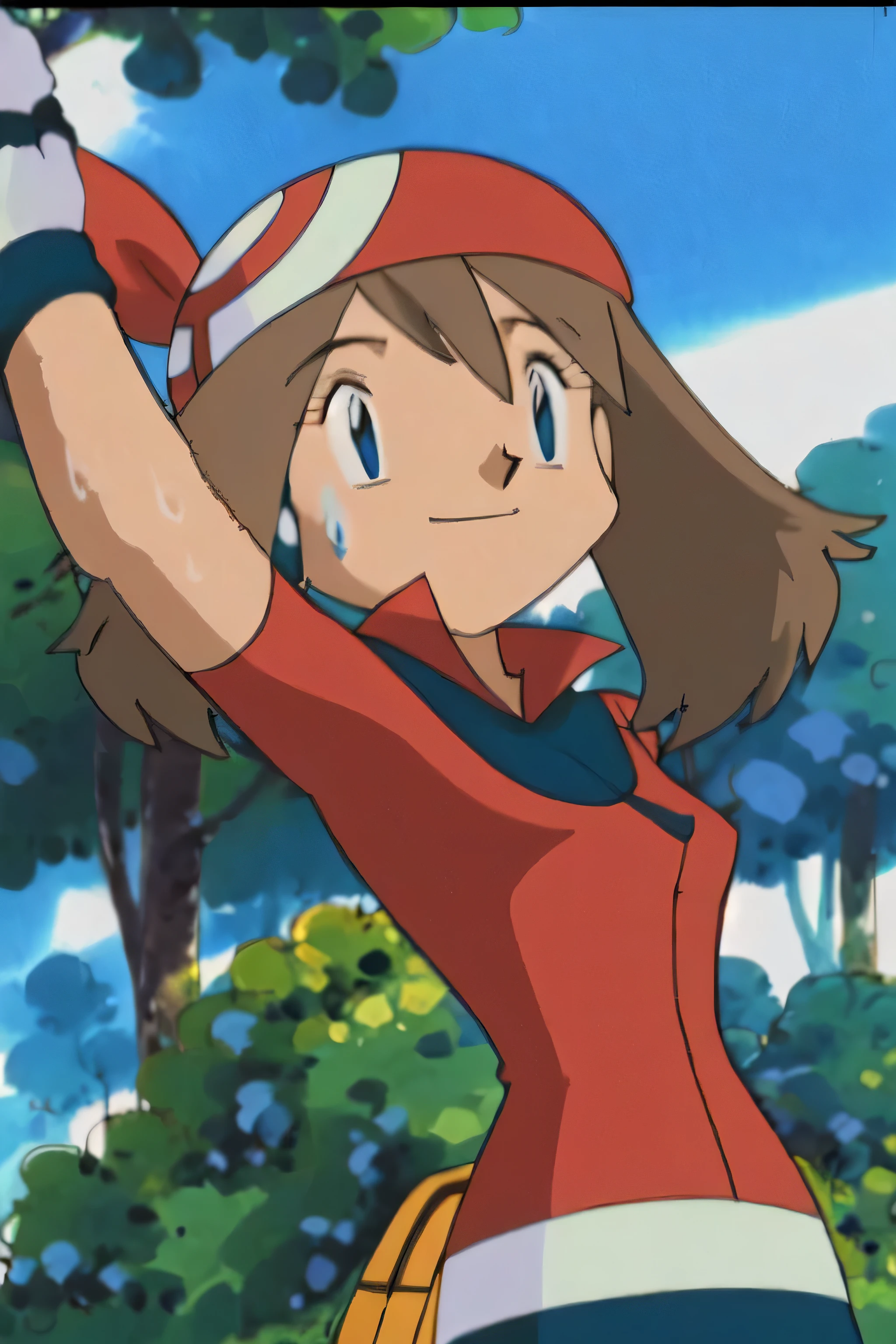 May, sleeveless,red top,sweating,smiling,forest in background, village, blue sky,moderately sized breasts, high quality, masterpiece mature appearance,armpits,sweat,sweaty,sweaty armpits,arms up,showing armpits,awesome armpits,outfit,blackish red arm warmers,maroon arm bands, maroon arm warmers,both arms raised