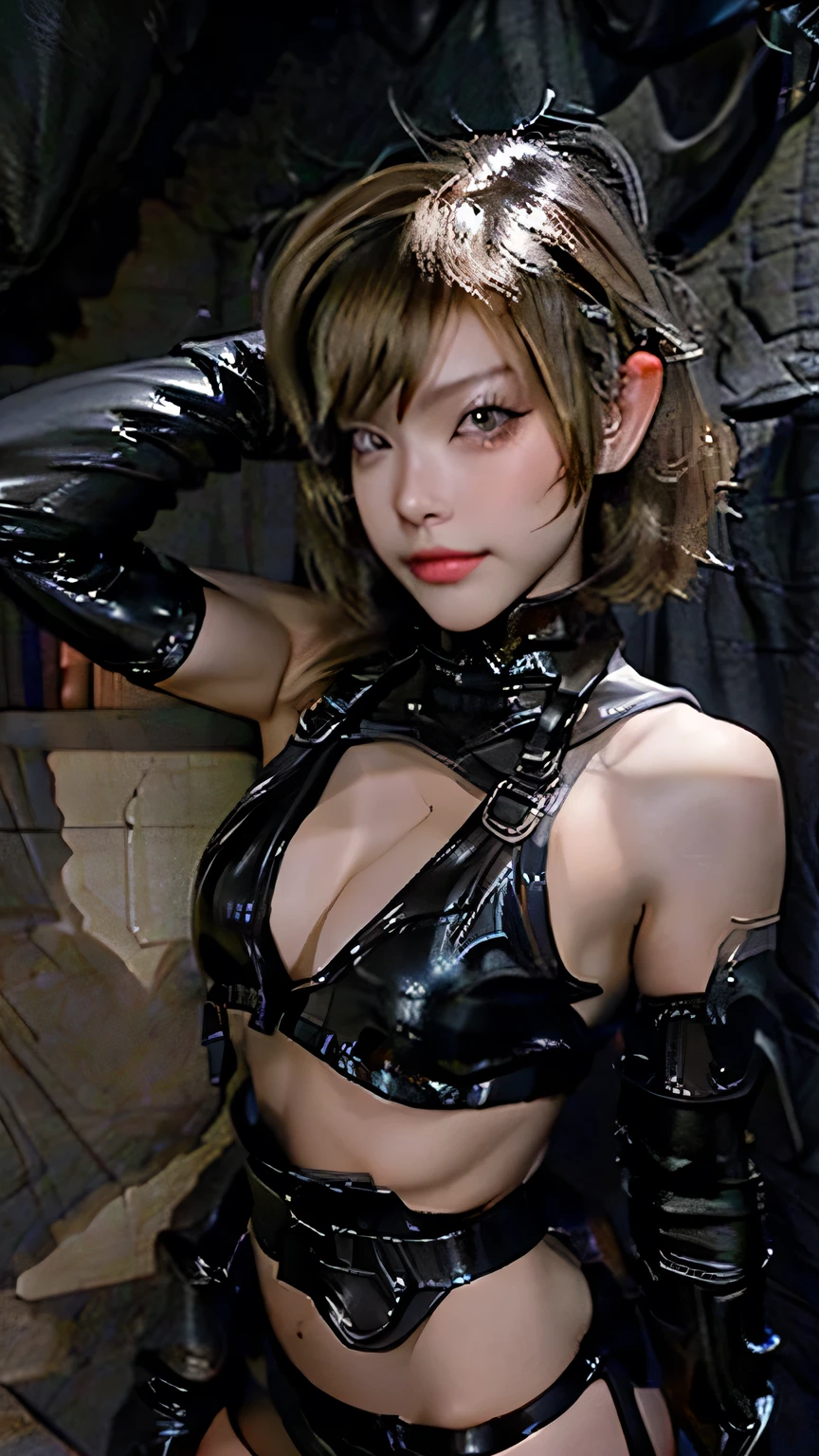 sexy, ((Blonde short hair)), black eye, Excellent, (Black latex bikini set), Black boots, Black gloves, 黒いHigh heel boots、 (Short blonde hair), Black latex bikini set, (Black long boots), (Black Leather Gloves), High heel boots、((Portraiture))、 Black latex bikini set, (Black Micro Bikini Panties), ((Stand and pose))、((Upper body portrait)), 、masterpiece, 最high quality, high quality, High resolution、((In a dark cave))、Black Theme, Black Micro Bikini Panties,