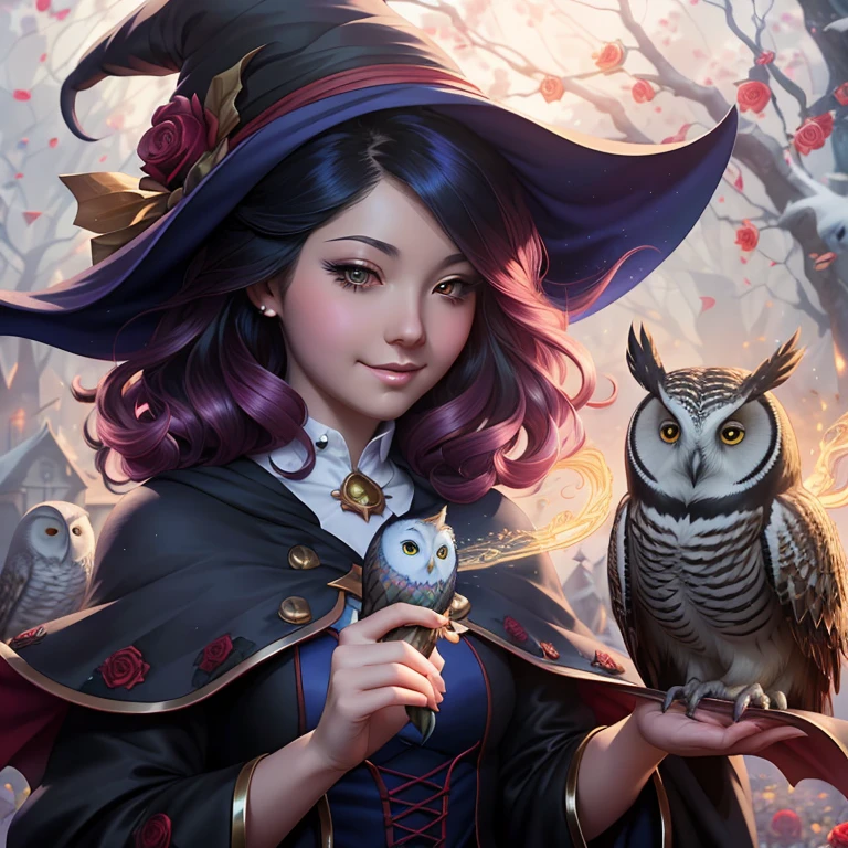 (Best Quality, tmasterpiece:1,1), ( Mystics Package, Little witch with an owl,  rose hair, illustartion, by Ross Tran), painting, Detailed, ((Ross Tran Style)), 8K