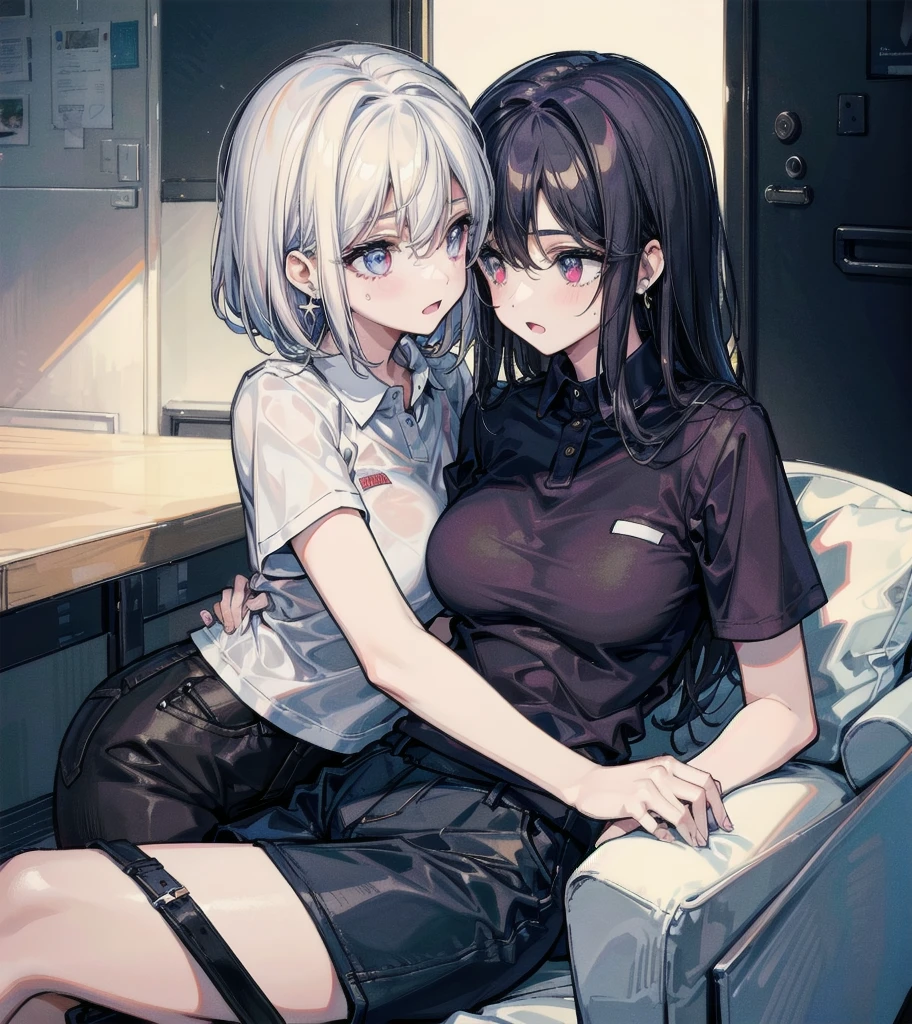 ((((yuri)))), ((((2 girls)))), absurdres, RAW photo, extremely delicate and beautiful, masterpiece, Best Quality, ultra high resolution, 32k, hyperrealistic, ultra-detailed, detailed description, perfect figure, perfect shape, perfect anatomy, pale skin, 20 years old, detailed beautiful face and eyes, tearful mole, earring, short medium hair, wavy hair, big tits, golf uniform, polo shirt, shorts,