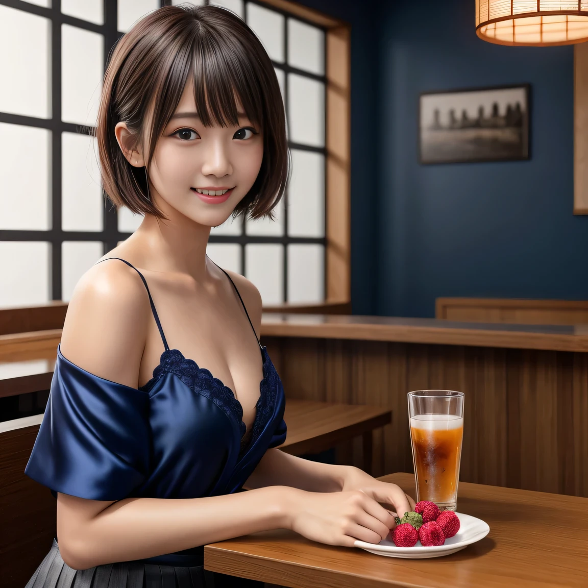 Product quality,photograph、 8k wallpaper、 One girl, Upper Body Shot, Front view, Young and beautiful woman in Japan, 、15 years old、bar、Tavern、Izakaya chair、Sitting with a smile, attractive、Floral clothes、Silk Camisole、 Wearing a navy blue pleated mini skirt, Super cute face, Glossy lips, Double eyelids on both eyes, Natural Makeup, Long eyelashes, shiny smooth light brown 、Ultra short hair、Berry Short, Asymmetrical bangs, Sunburned skin, Center image, High resolution, High detail, Detailed hairstyle, Detailed face, Spectacular movie lighting, Octane Rendering, Vibrant, Ultra-realistic, Perfect limbs, Perfect Anatomy、