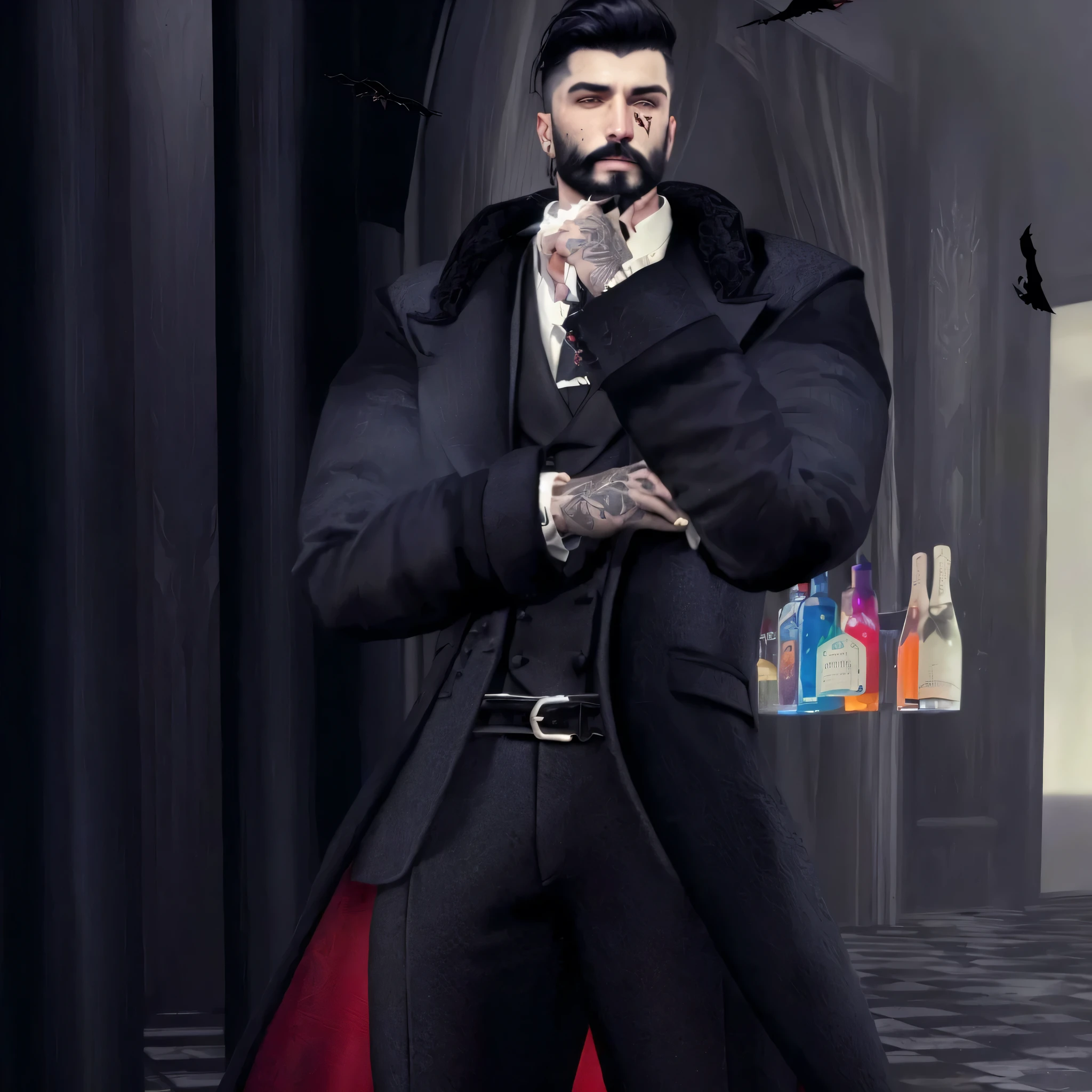 there is a man in a black suit and a red cape, vampiro masculino of clan banu haqim, vampiro masculino, handsome vampiro masculino, macho malvado e desonesto, sobretudo preto e vermelho de corpo inteiro, vampiro do clã theshadow, inspirado em Volkan Baga, inspired by Eugène von Guerard, inspirado em Maximiliano Cercha, elegant dream demon