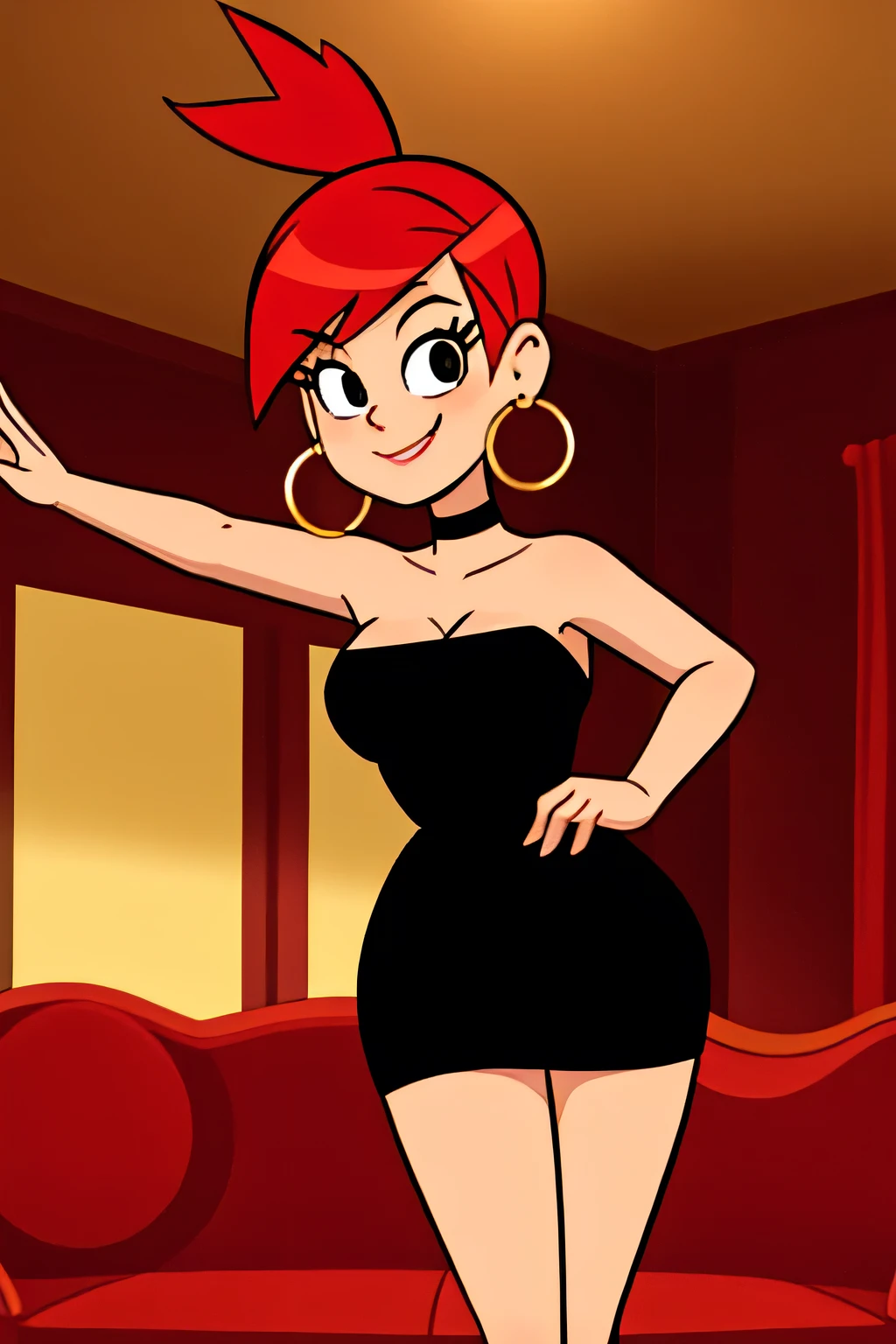 frankie foster, FostersStyle, (black pupils), red hair, strapless, black eyes, black dress, gold hoop earrings, sexy posing, hair clip, standing, medium breasts, ponytail, seductive smile, cowboy shot, indoor room, sofa
