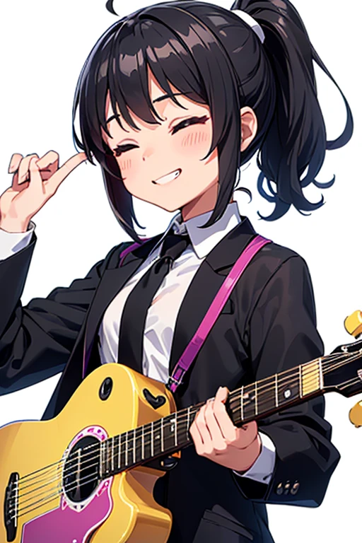 (((pixel-perfect, detail-perfect))), solo, 1girl, 7 year old, Syalsabila(SDN 221 MALILI), very small breasts, black hair, eye black, live stage, jacket black, white shirt, closed eyes, grin, playing electric guitar, sunglasses, smile, ponytail, low ponytail