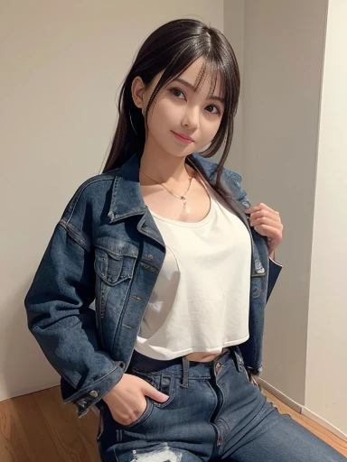a lot of details, (underweight), 30 years old, detailed black hair, beautiful detailed hair, super fucking beautiful, delicate beautiful face, complex details beautiful and delicate eyes, perfect hands, (flat chest best quality:1.5), perfect and delicate limbs, detailed skin, best quality, ultra-detailed,(cheerful grin:1.3),
background, still life photo, sitting, looking ahead, single braid, tube top, jeans, (Scene where she is changing her jacket:1.4), in the room, cowboy shot, front view, ground-level shot