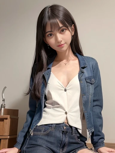 blouse,Denim skirt,,middle Schoo Hair,bangs,Straight hair,アップponytail,Dark Eyes,Small face,Young Face,Clean your eyes,Small Mouth,Showing teeth,thin,Young Face,,Flat Chest,Flat Chest,Flat Chest,Flat Chest,movie theatre,Realistic photos,8K,smile,White teeth,Ultra HD,Standing posture,whole body,smile,Pure girl,ponytail