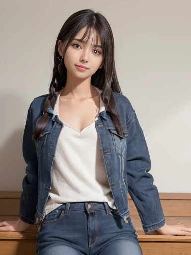 (best quality, complex details: 1.2) ,1 girl,white skin, solo, from side, (blue Denim shirt), denim shorts,black long hair,lips parted, realistic,Medium size,white body,(night:1.2),stare,sad,look forword,living room,moonlight