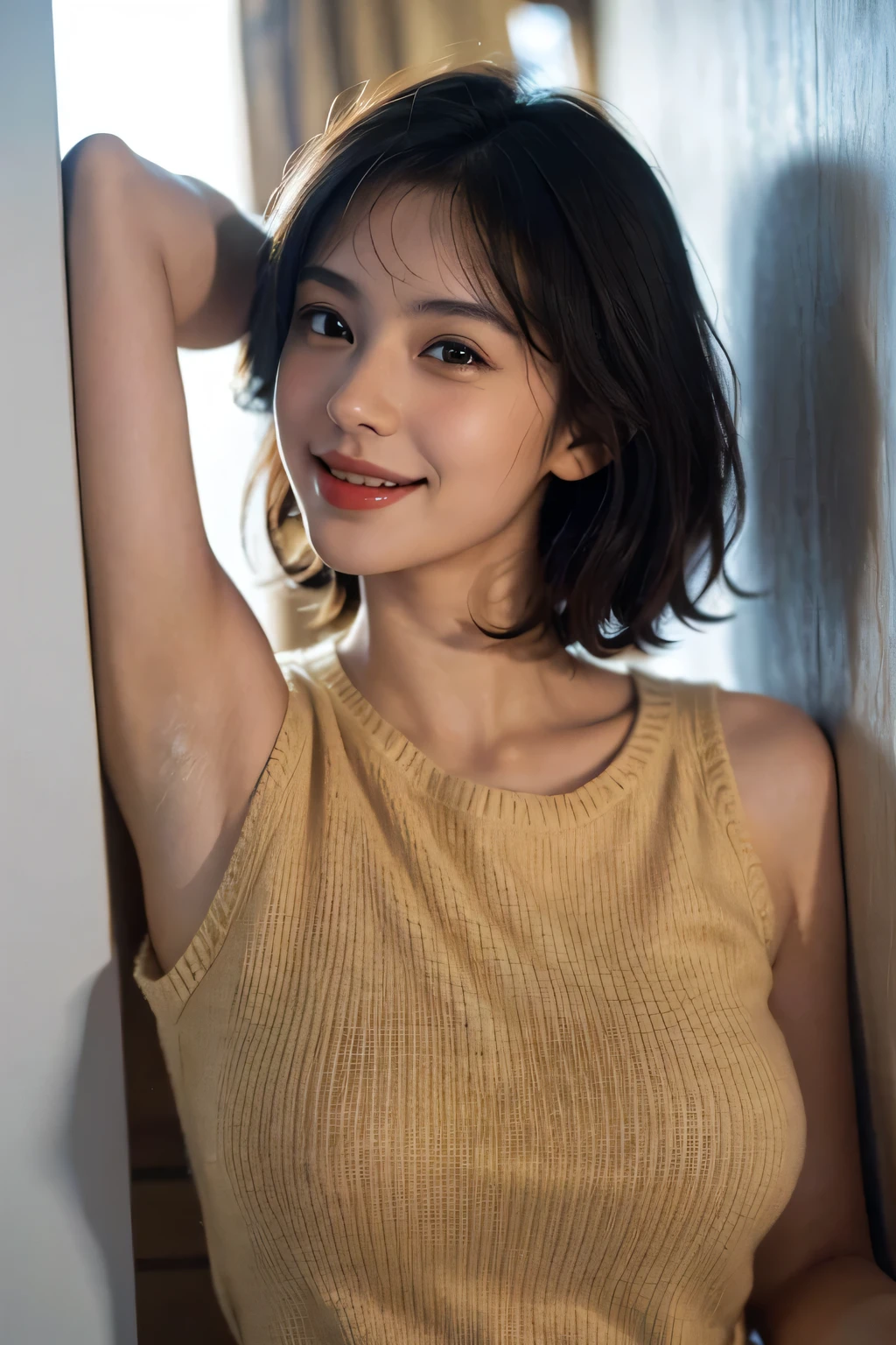 (A hyper-realistic), (illustratio), (hight resolution), (8K), (ighly detailed), (The best illustrations), (beatiful detailed eyes), (top-quality), (ultra-detailliert), (masterpiece), (wall-paper), (Detailed face), 18 year old girl,Show beautiful armpits,Short or medium hair,Upper body only,Girl in a sleeveless sweater, japanes, Colossal tits, (camel's toe)、Big Tits、Colossal tits、Big、a smile, Large Breasts,