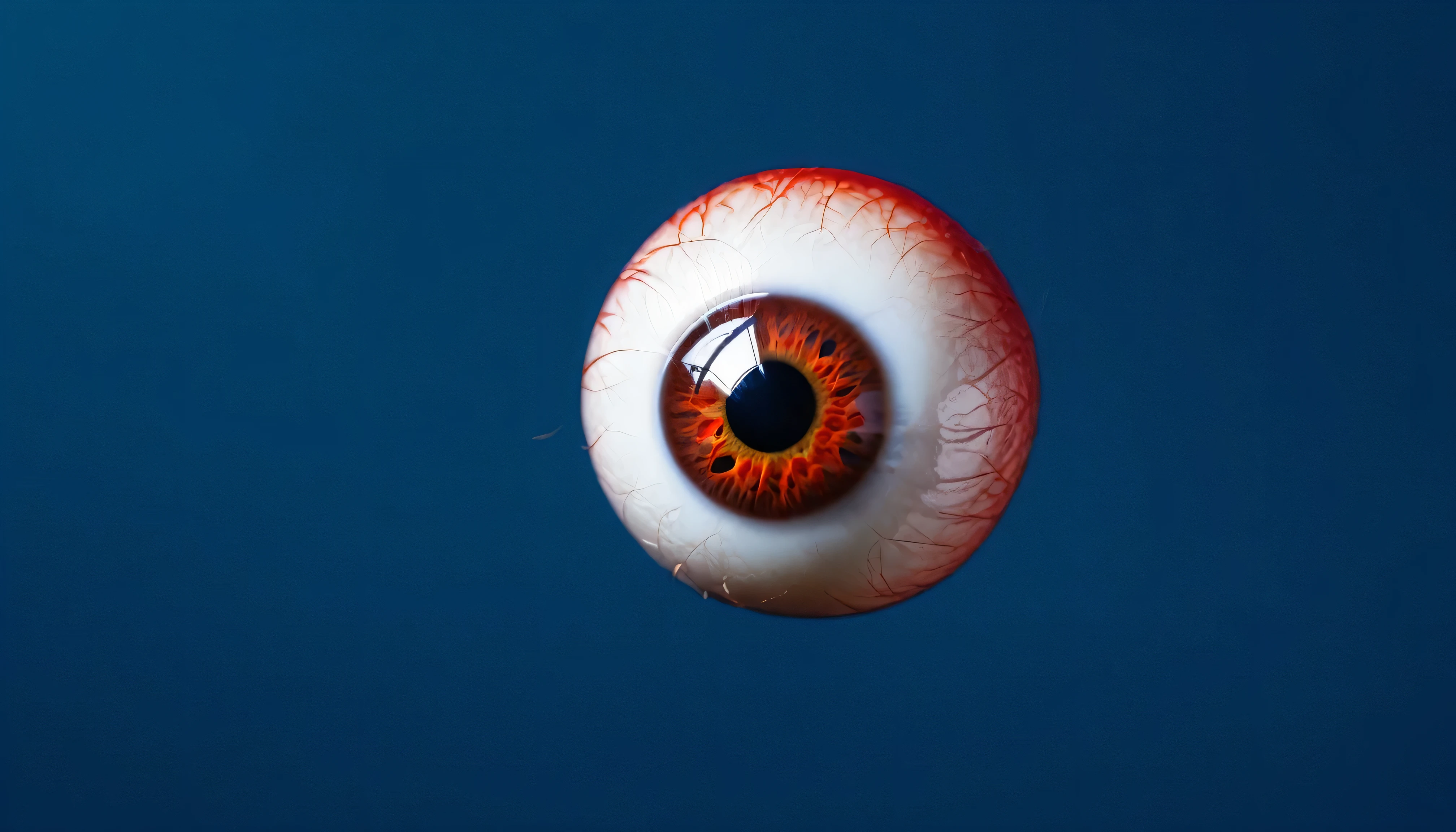 one of the eyeballs is sick, red, on a dark blue background, left side