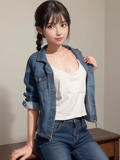 a lot of details, (underweight), 30 years old, detailed black hair, beautiful detailed hair, super fucking beautiful, delicate beautiful face, complex details beautiful and delicate eyes, perfect hands, (flat chest best quality:1.5), perfect and delicate limbs, detailed skin, best quality, ultra-detailed,(cheerful grin:1.3),
background, still life photo, sitting, looking ahead, single braid, tube top, jeans, (Scene where she takes off her jacket:1.4), in the room, cowboy shot, front view, ground-level shot