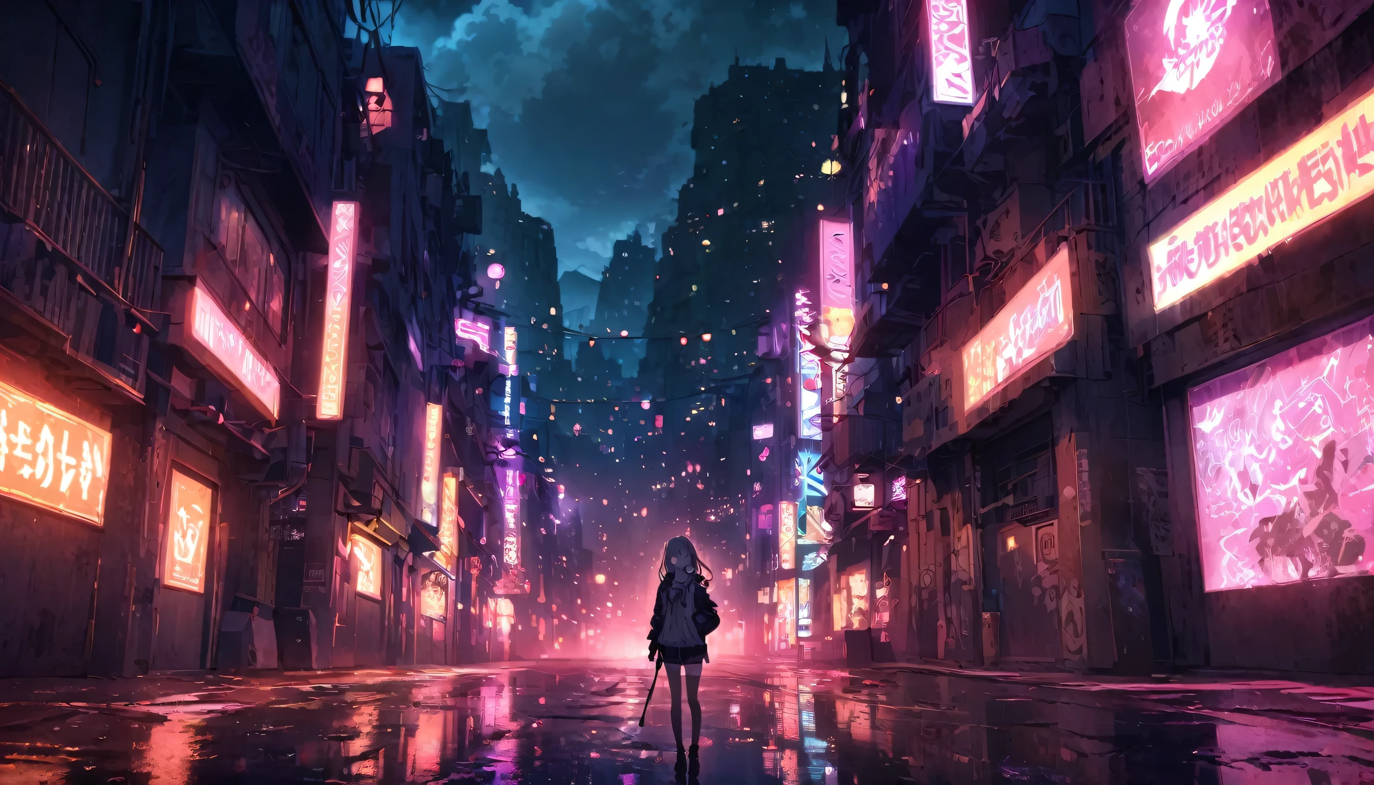 girl, 1 person, Dark atmosphere, night, Neon Street, landscape