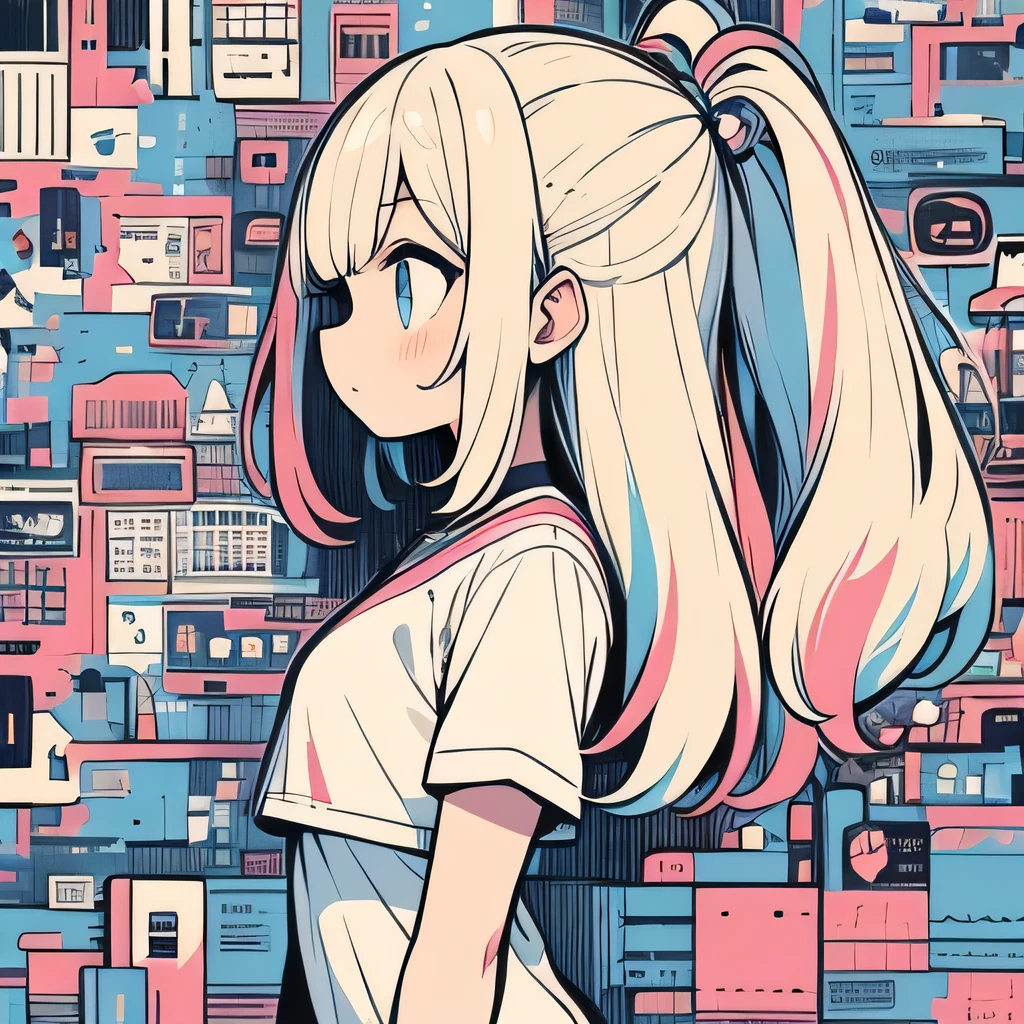 The background is a colorful square pattern.、Profile of a girl、breast enhancement