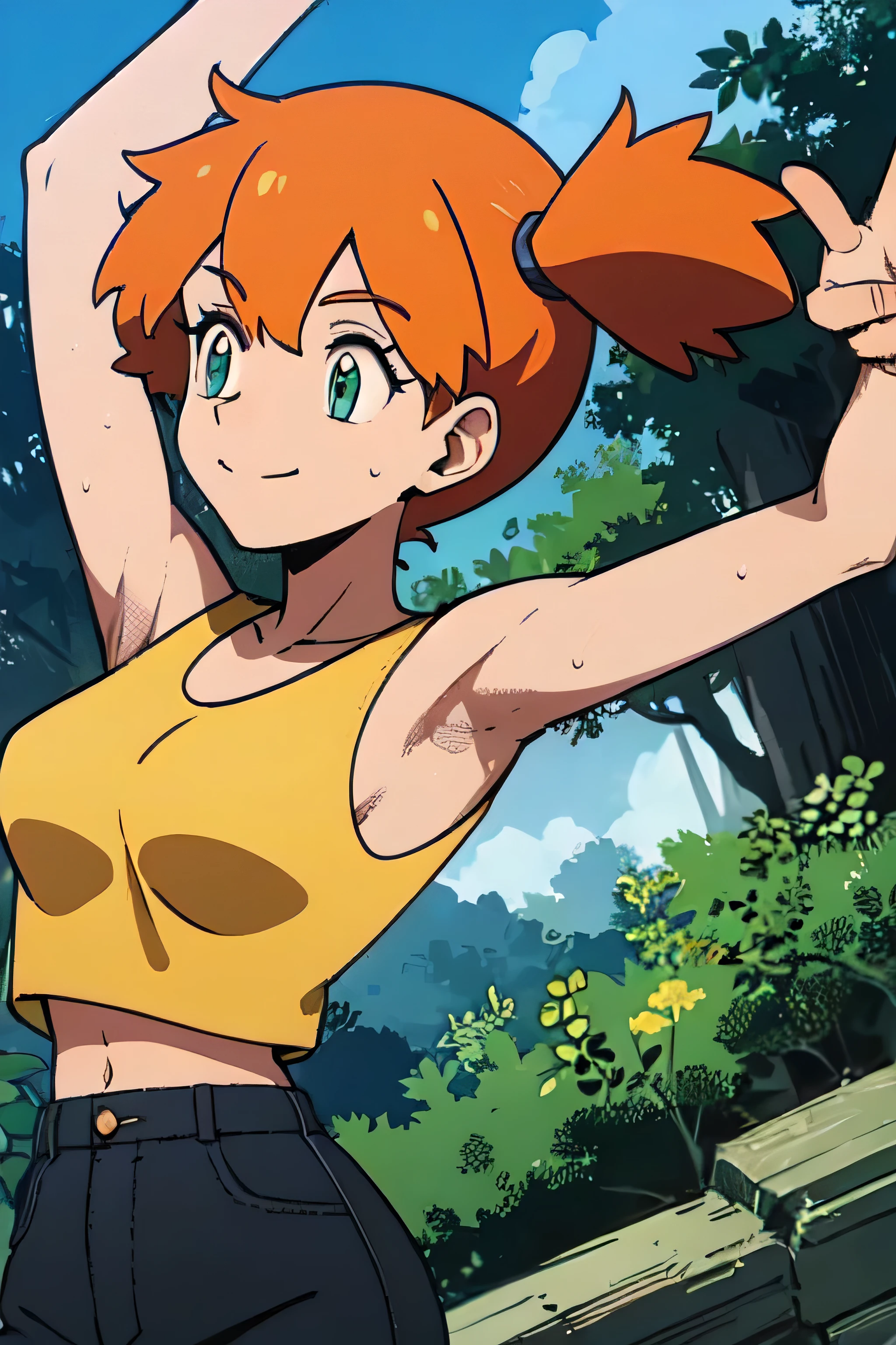 Misty, sleeveless,yellow top,orange hair,hair tied,sweating,smiling,forest in background, village, blue sky,moderately sized breasts, high quality, masterpiece mature appearance,armpits,sweat,sweaty,sweaty armpits,arms up,showing armpits,awesome armpits,outfit,blackish red arm warmers,maroon arm bands, maroon arm warmers,both arms raised