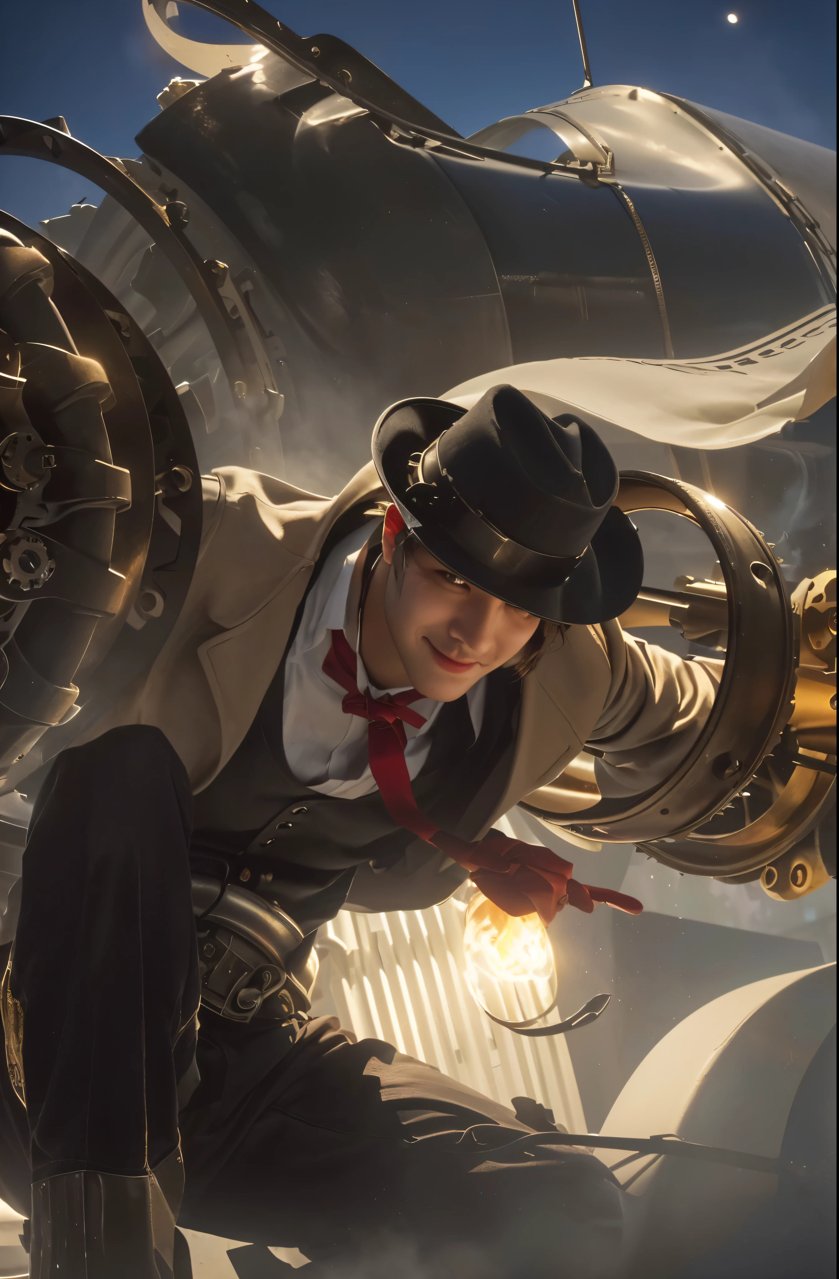 a man with steam engine and hat, portrait, detailed face, detailed eyes, detailed nose, detailed lips, evil-smile,steampunk style, mechanical gears, cogs, steam, industrial, vintage car, antique, sepia toned, dramatic lighting, (best quality,4k,8k,highres,masterpiece:1.2),ultra-detailed,(realistic,photorealistic,photo-realistic:1.37),HDR,UHD,studio lighting,ultra-fine painting,sharp focus,physically-based rendering,extreme detail description,professional,vivid colors,bokeh