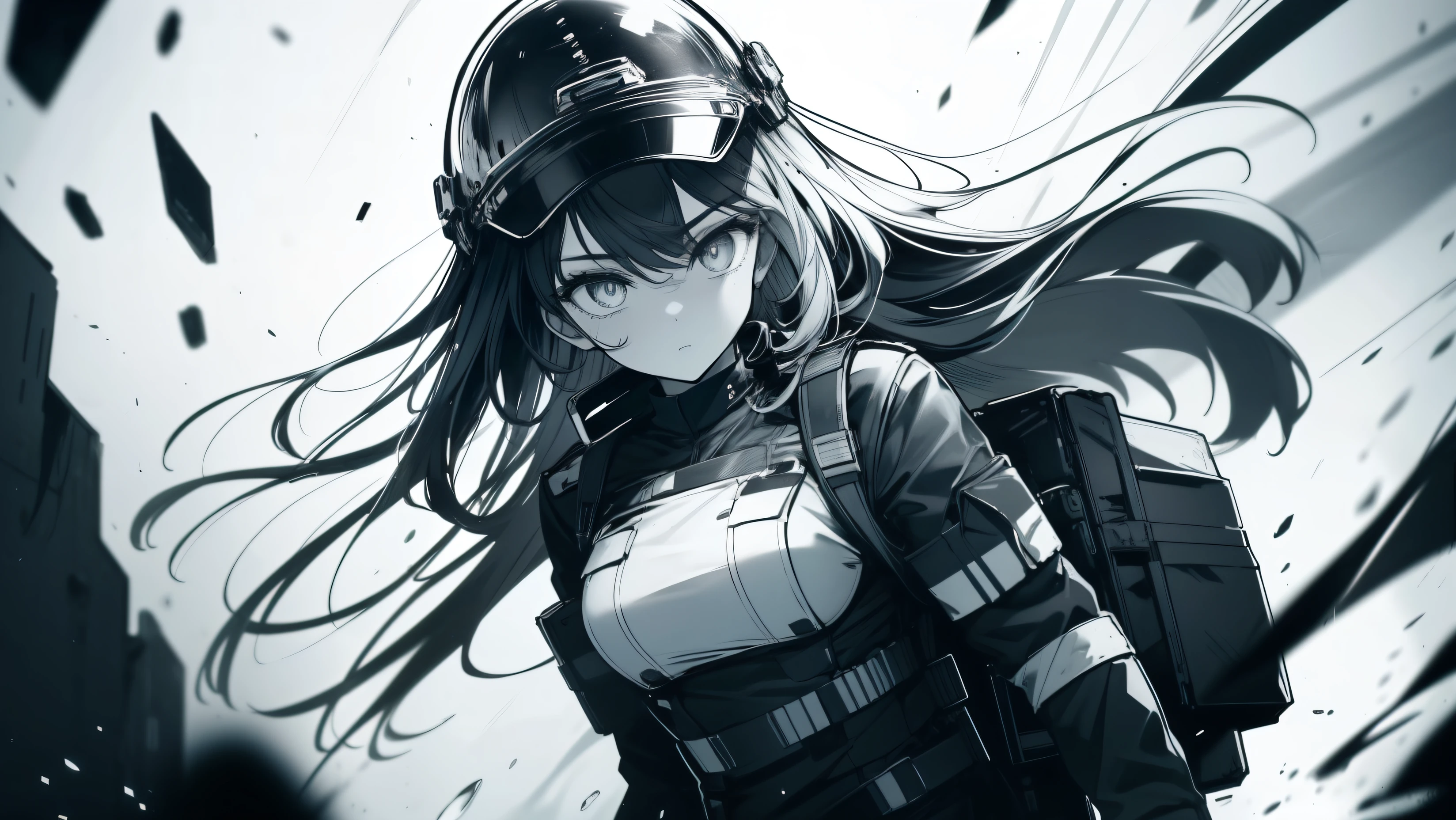 1 soldier girl. She is wearing a military uniform. She is wearing a helmet. She has PTSD. She is holding a rail-gun. Black and white. Monochrome color scheme. long hair. intense look in her eyes. Survival bag on her back. Wave/water symbol on her chest-plate.