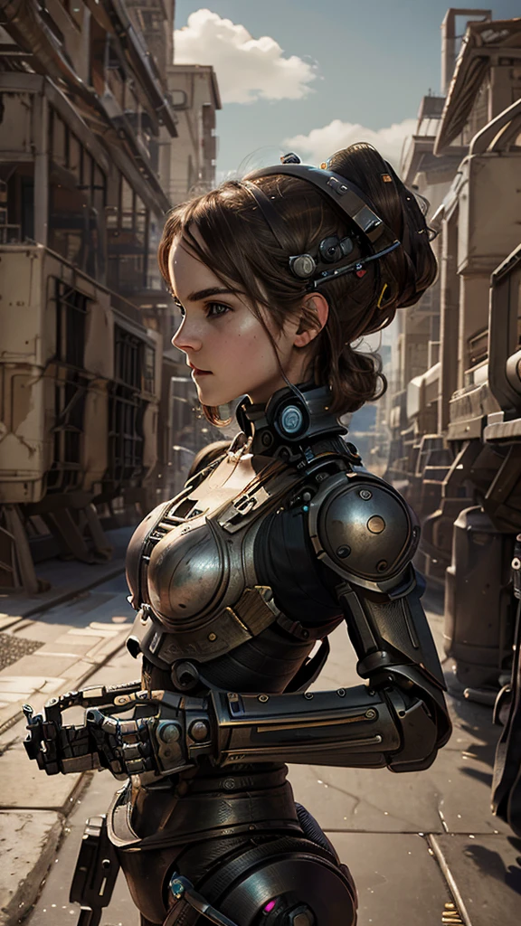Emma Watson, androidperson, mark brooks, david mann, robot brain, made of steel, hyperrealism, post-apocalyptic, renaissance painting