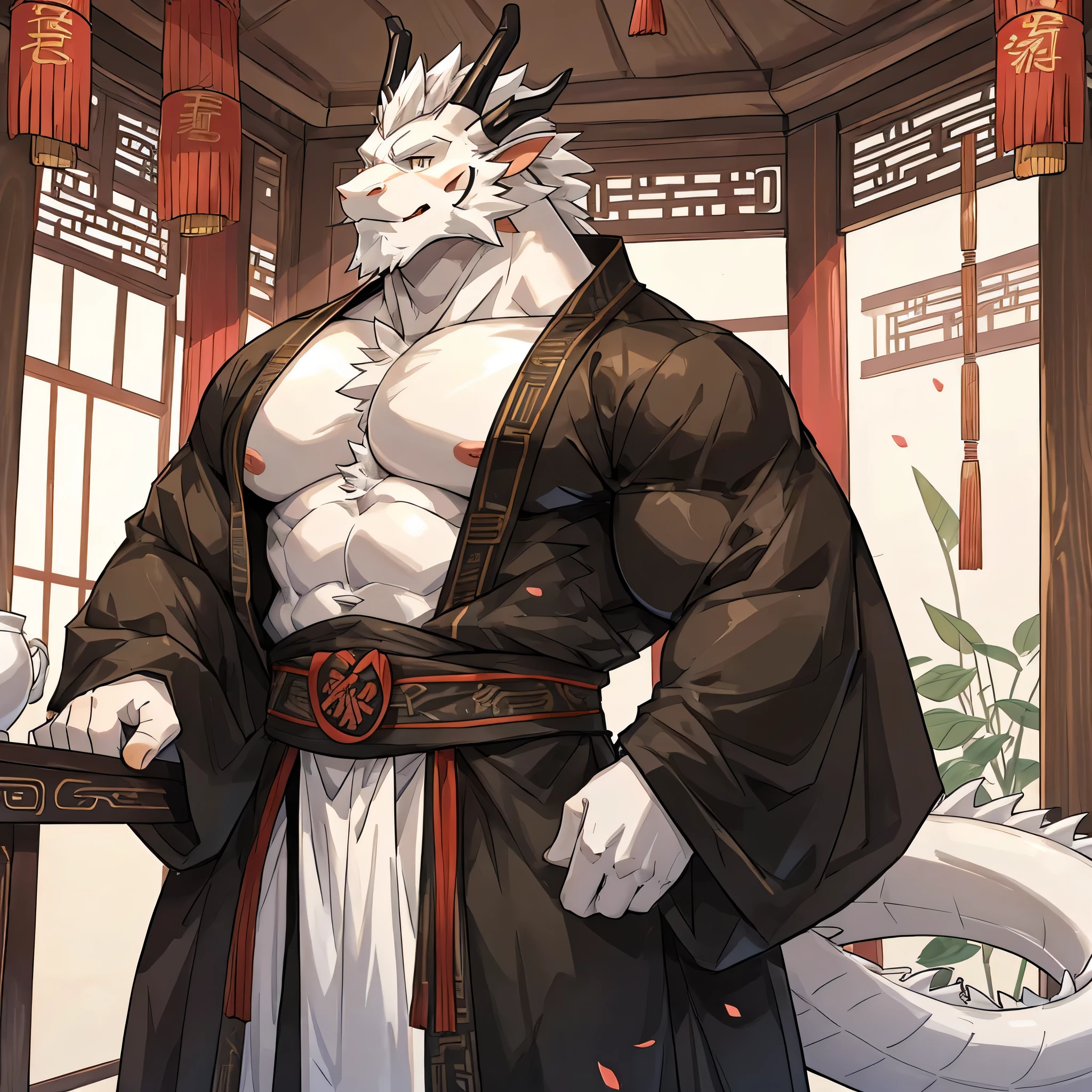 (white eastern dragon),furry,full_shot,white mustache,big pecs,hearty males,muscular,black imperial robe,naked,adult,traditional_chinese_room