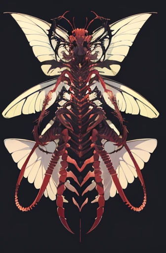 a monstrous centipede-like creature with delicate insect-like wings, intricate bone structures, full body,side view, no background