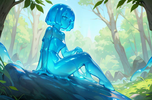 Humanoid slime, solo, translucent body, blue, see-through, gelatinous, short hair, (curvy), single rock in center of glade, ((((on rock))), sitting on rock in center of clearing, grassy glade, basking in the sunlight, front facing, dense woods in background