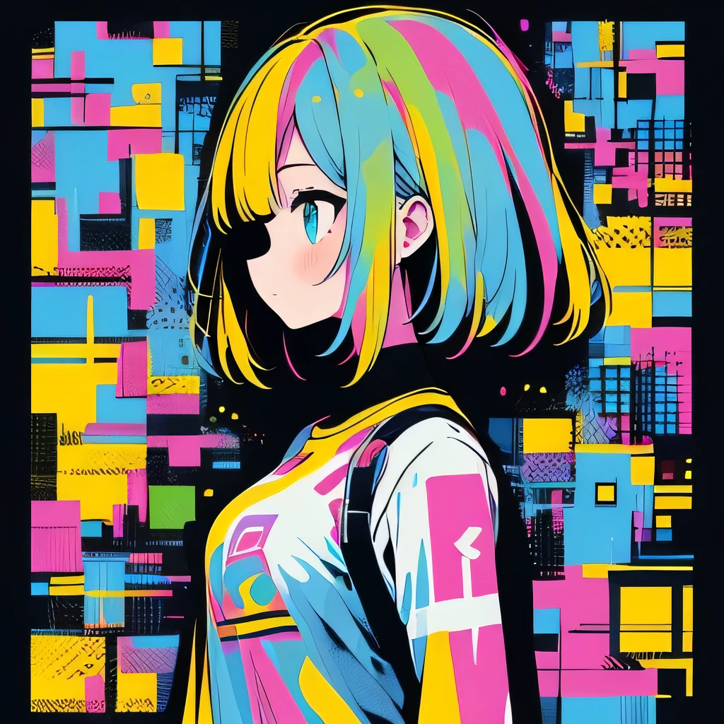 The background is colorful squares、Profile of a girl with colorful inner colors、breast enhancement
