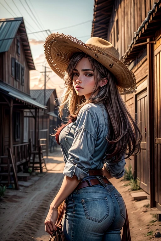 Uma linda mulher em estilo country, (camisa social xadrez red and black bem colada, justa), destacando-se em uma cidade faroeste. Sua pele bronzeada brilha sob o sol poente "suor", olhos verdes radiantes, e cabelos castanhos ondulados caem suavemente sobre seus ombros. She wears a brown cowboy hat, uma camisa xadrez vermelha ajustada, jeans desbotados e botas de couro intricadamente bordadas.
She is on a dirt street surrounded by wooden buildings typical of the western. The local saloon has swinging doors and a porch where cowboys chat. The barbershop displays a rotating sign, and the blacksmith shop next door is active with the sound of hammering. Horses tied to wooden posts and a hay cart passing by complete the scene.. The golden light of the sunset lengthens the shadows and bathes the city in a warm glow, capturing the vibrant essence of the old west.
