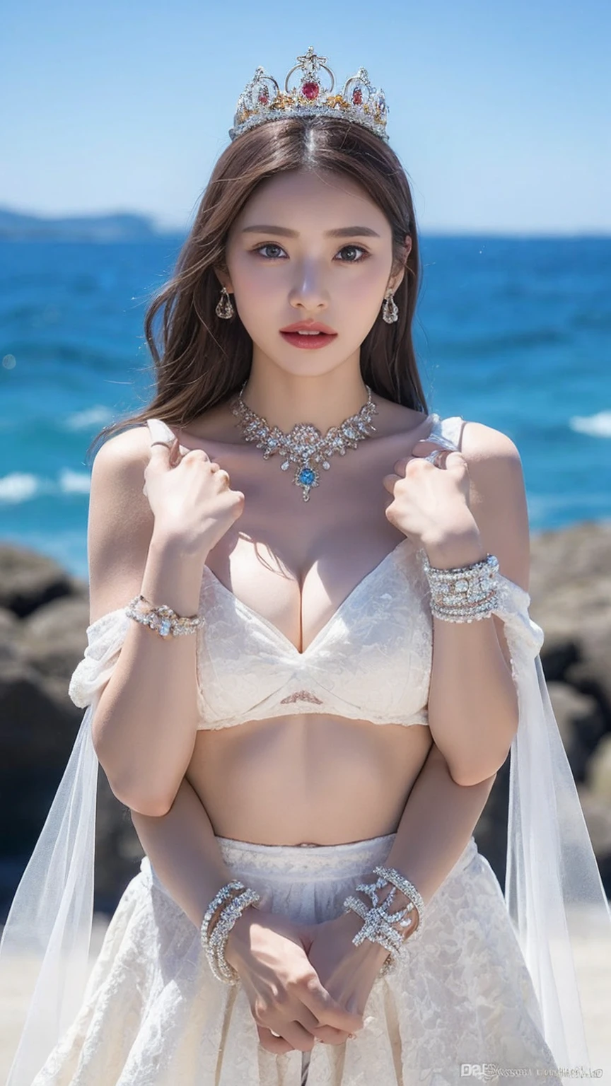 highest quality、masterpiece、超A high resolution、16k photos、（Armor of the Yellow Dragon）、(((Big Breasts)))、(((a large flower ornament))),(((A micro  with attention to detail))),(Wearing a beautiful crown made of jewels),(Photorealistic:1.4)、RAW Photos、1 girl、(((Random Hair))、(((Mr.々pose)))、Glowing Skin、(((White Dragon)))、Intricate and luxurious hair ornaments、（Looks like a gorgeous jeweled necklace）、（Full body angle）、（Fighting big dragonet bikini）、((Beautiful sea background)),(Beautiful sea background)、((Ultra-Realistic Details))、Portraiture、Global Illumination、（Sexy pose）、Shadow、Octane Rendering、16k、Big Breasts、Bare skin exposed in the cleavage、Metal、Intricate decorative details、More about Japan、Very intricate details、blue eyes、Eyes shining at the camera、2 Stock、（Full body angle）、（Veil）、(((Heavy Big))),((She is wearing beautiful jeweled bangles.)),