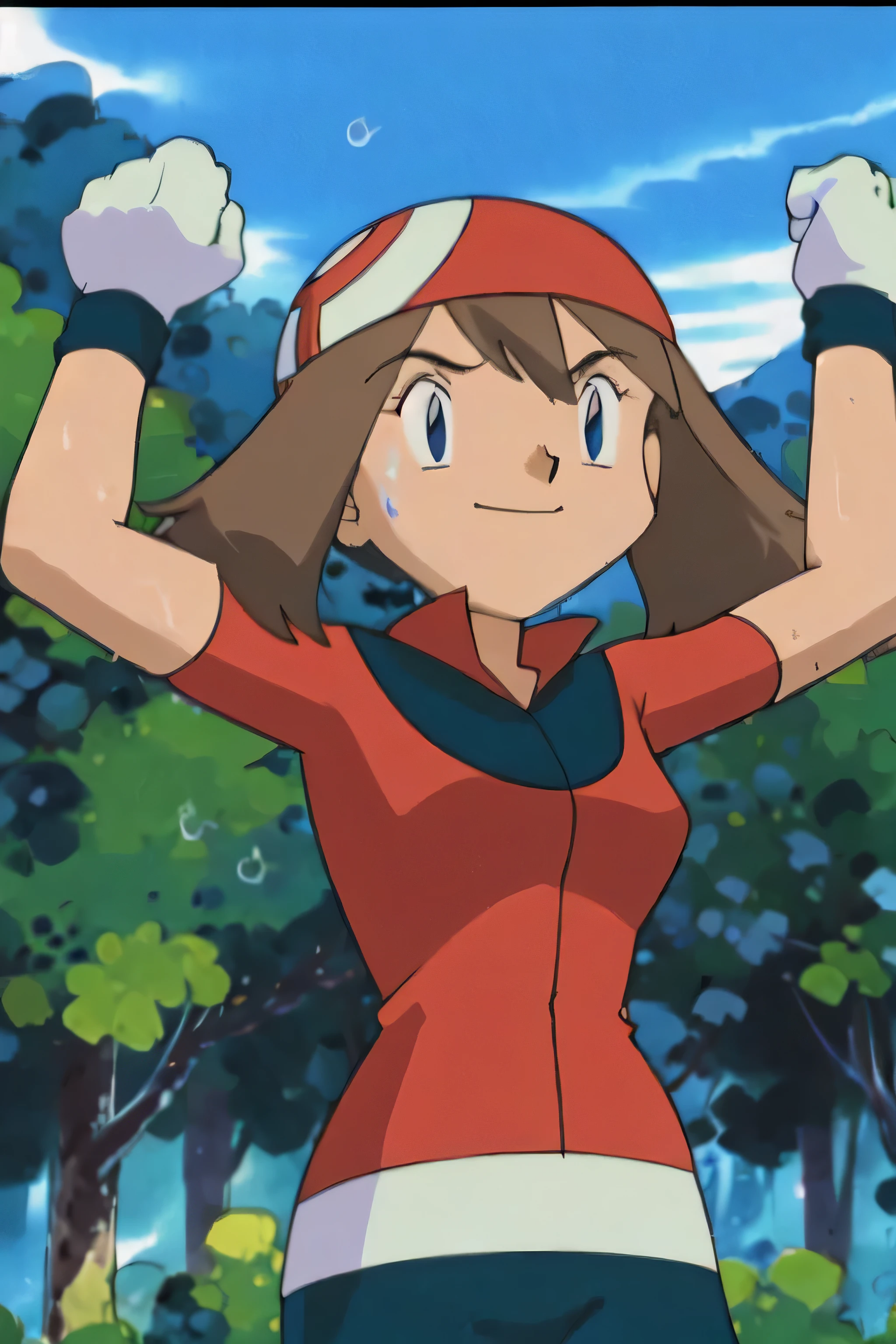 May, sleeveless,red top,sweating,smiling,forest in background, village, blue sky,moderately sized breasts, high quality, masterpiece mature appearance,armpits,sweat,sweaty,sweaty armpits,arms up,showing armpits,awesome armpits,outfit,blackish red arm warmers,maroon arm bands, maroon arm warmers,both arms raised