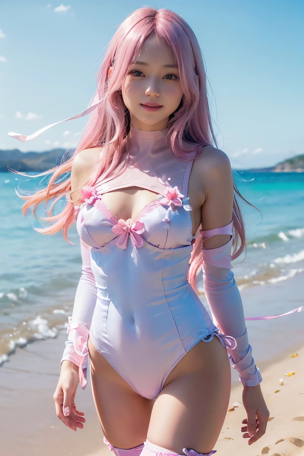 `(8K, top-quality, masterpiece:1.2), (reallistic, Photorealsitic:1.37), Super Detail, One girl,), (Highly detailed), (beautifully detailed eyes), (of the highest quality), (super detailed ), (masterpiece), (Detailed face),20yr old, ,1 girl, ((pink hair,long hair)), medium breasts, clothed, Perfect Lighting, BREAK (cute bodysuit:1.5), (pastel gradient:1.4), (flower pattern:1.3), (shiny satin fabric:1.2), (tight silhouette:1.1), (ribbons:1.2), (lace trim:1.1), (knee-high socks:1.1), (heels with ribbons:1.2), (accessories:1.1), BRAKE (beach setting:1.4), (upper body :1.3), (pink long hair:1.2), (light curls:1.1), (smile:1.1), (looking at viewer:1.1), (hand on hip:1.1), (walking pose:1.2), (blue sky:1.1), (white sand:1.1), (sunlight:1.2), BRAKE