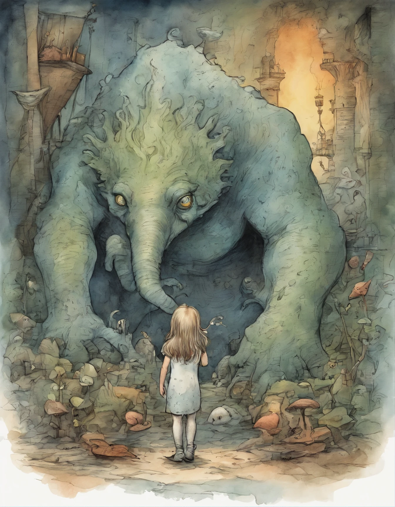 a cartoon picture of a girl standing in front of a giant monster, tim burton comic book art, from alice in wonderland, by Ryan Stegman, by Jason Teraoka, skottie young, giant alice in wonderland, by Jack Boul, alice goes down the rabbit hole, by Craig Thompson, in style of tim burton, inspired by William Stout